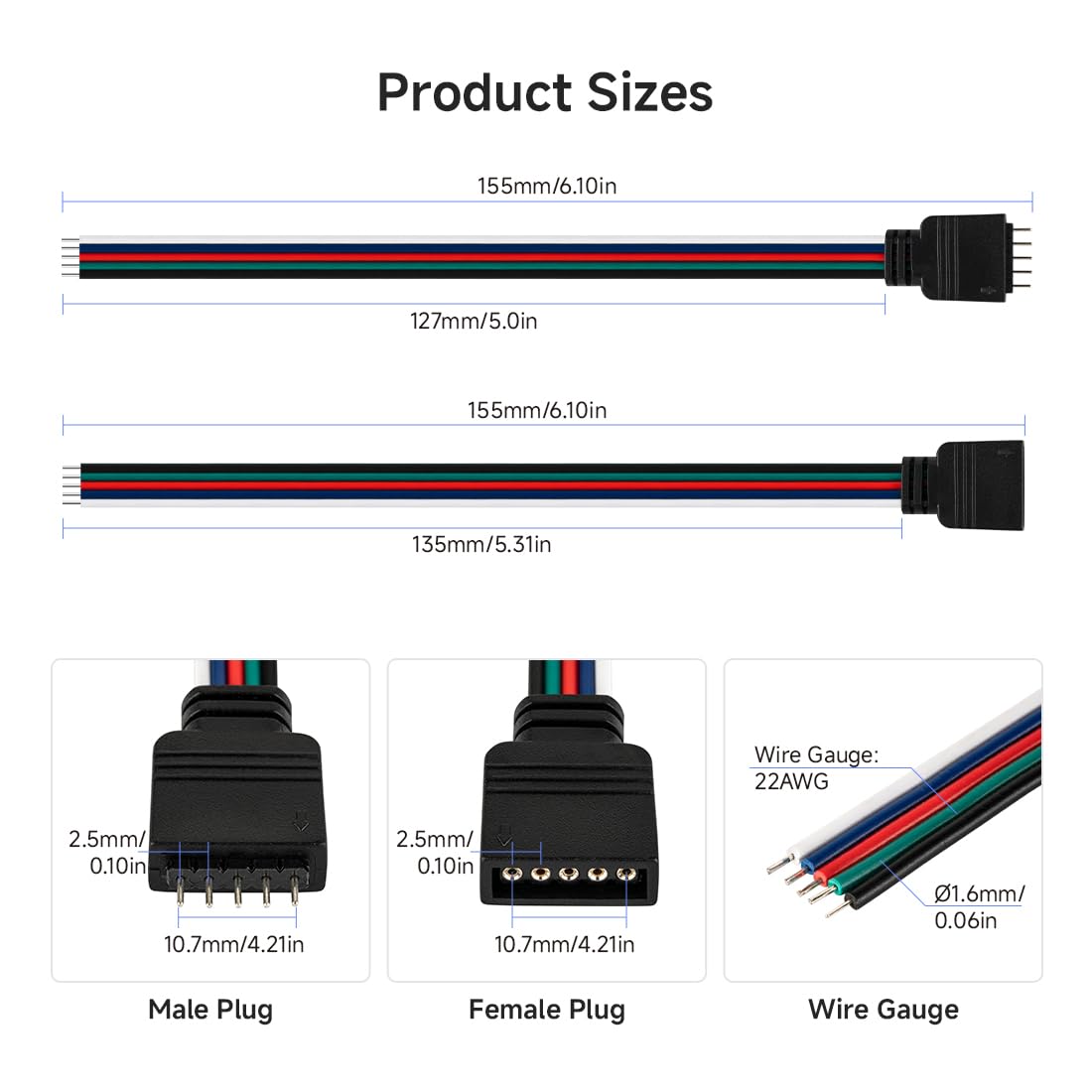 Btf-Lighting 10 Pairs 15Cm 5Pin Jst Sm Male/Female 24Awg Wire Cable Connector Plug For 5050Smd Fcob Rgbw Led Strip Light