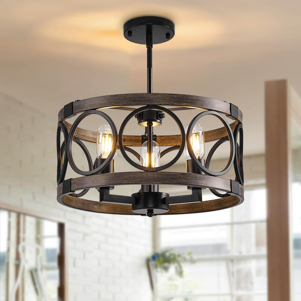 Shiandar 15.7'' Drum Chandelier, 3-Light Adjustable Height Round Dining Roomchandeliers, Black Light Fixture Ceiling Mount Wood Grain Finish, Farmhouse Ceiling Light Fixture For Hallway