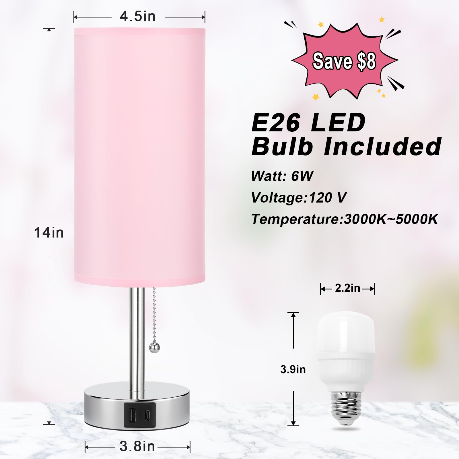 Hong-In Pink Bedside Lamp For Bedroom-Nightstand Lamp With 3 Color Modes With Usb-C+A Charging Ports, 3000/4000/5000K Bedroom La