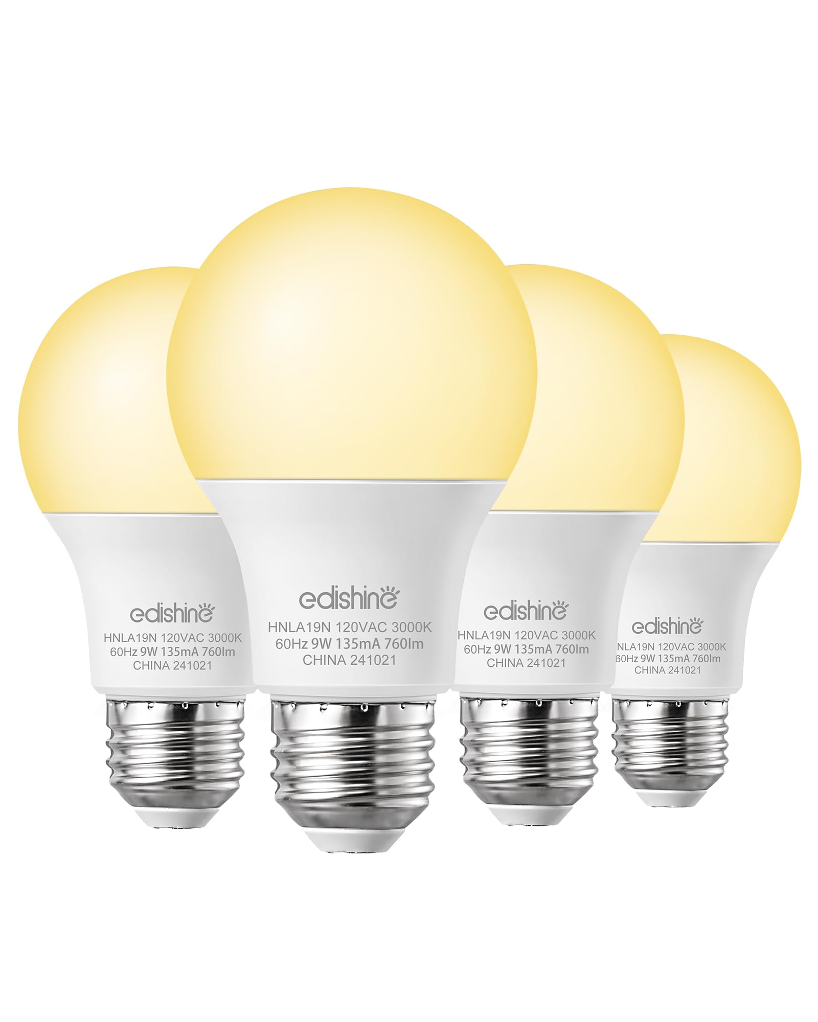 Edishine 4-Pack A19 Led Light Bulb, 760Lm, 3000K Daylight Led Light Bulbs, 9 Watt(60 Watt Equivalent), E26 Medium Screw Base, No
