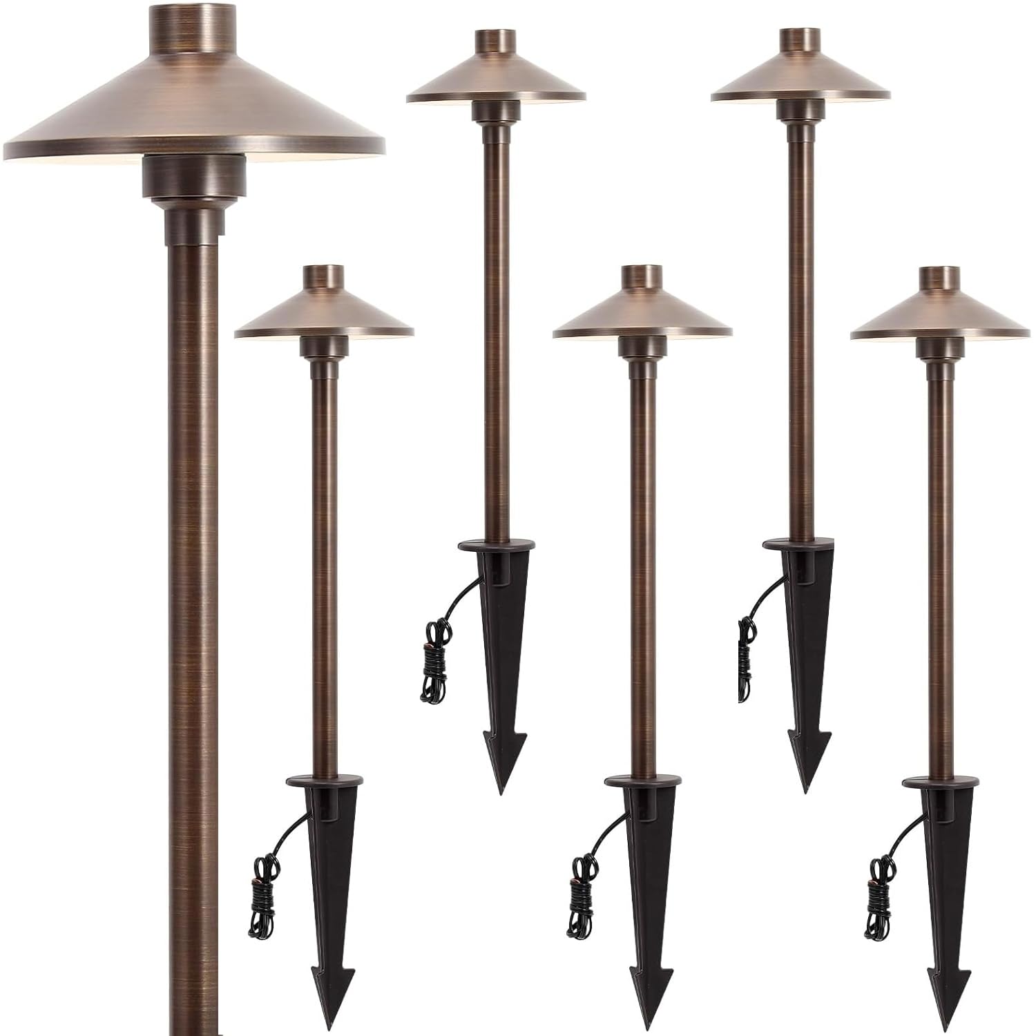 Gardencoin Solid Brass Low Voltage Pathway Lights (6.7'' Shade, 21.9'' Tall), 12V Ac/Dc Heavy Duty Led Landscape Path Lights Outdoor Wired, Antique Bronze Walkway Lights With Larger Stake, 6-Pack