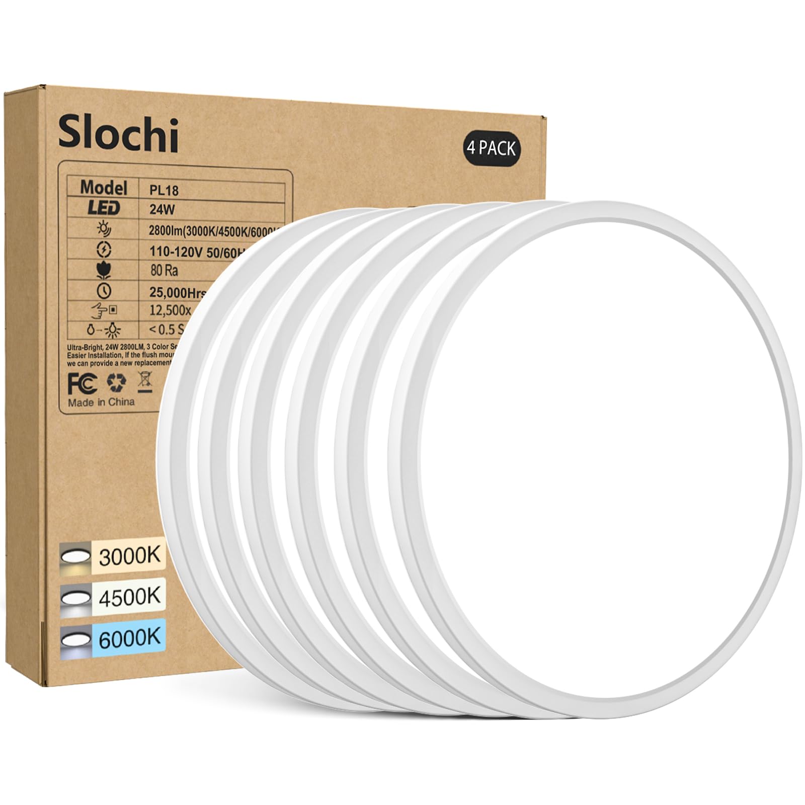 6PACK White Flush Mount LED Ceiling Light - 9Inch, 24Watt, 3000k/4500k/6000K, Ultra Slim for Bedroom, Living Room, Kitchen, Hall