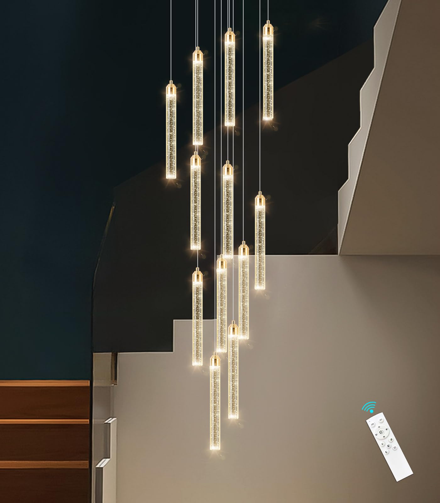 dolria 12-Lights Chandelier LED Dimmable Flush Mount Pendant Light Fixture, Crystal, Gold Finish, Model PC0008