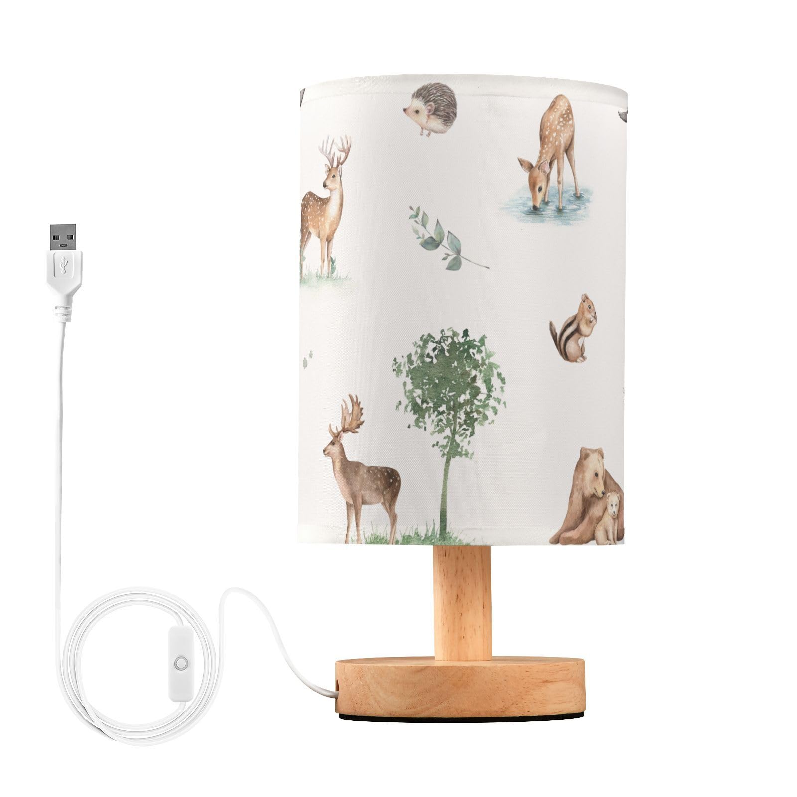Oarencol Bedside Table Lamp Woodland Animals Nightstand Lamp with Wood Forest Deer Bear Chipmunk Hedgehog Desk Lamps for Bedroom