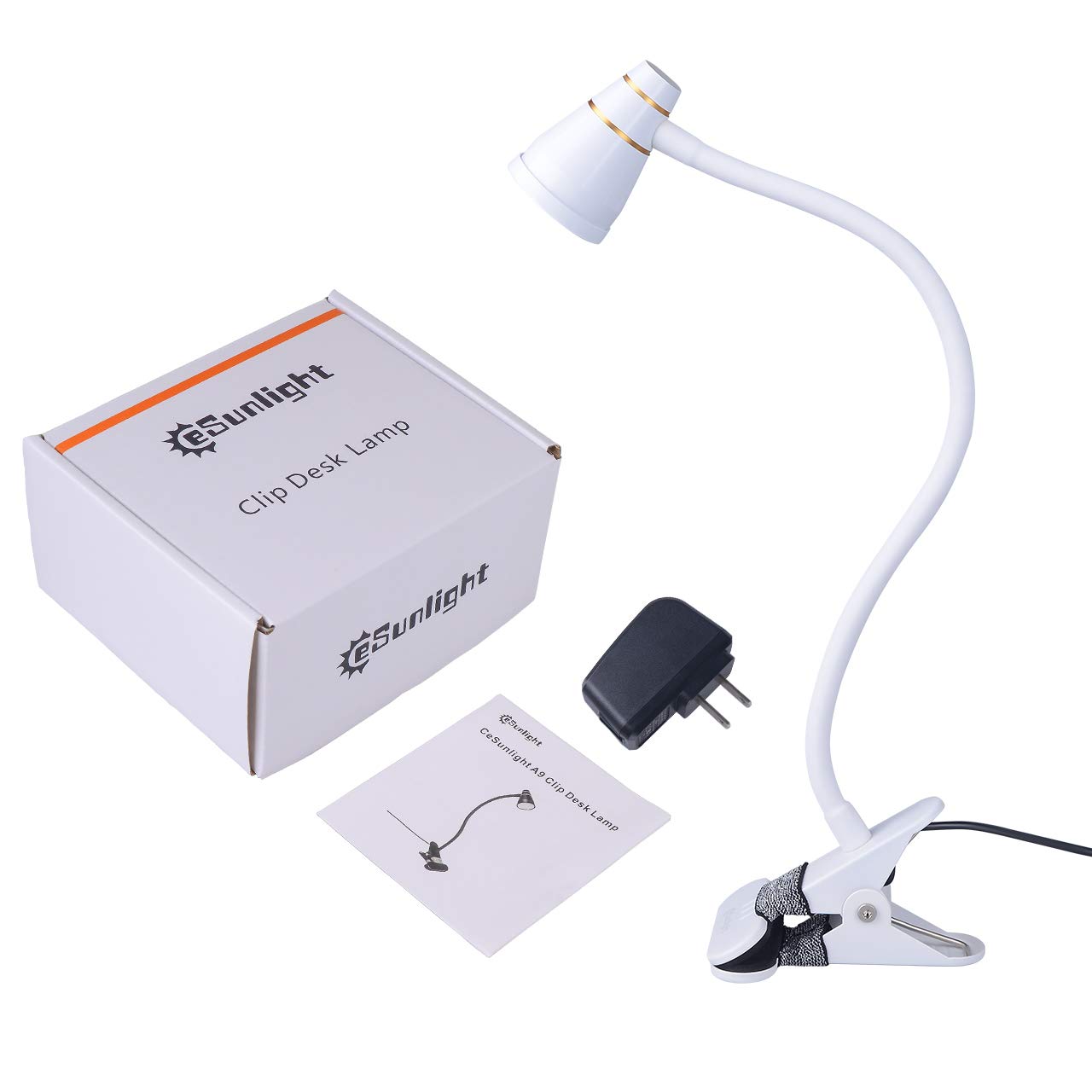 CeSunlight LED Clip Desk Lamp - Adjustable 3000K-6500K, Milky White, Model A9-WHITE-US, Strong Clamp for Bed Reading