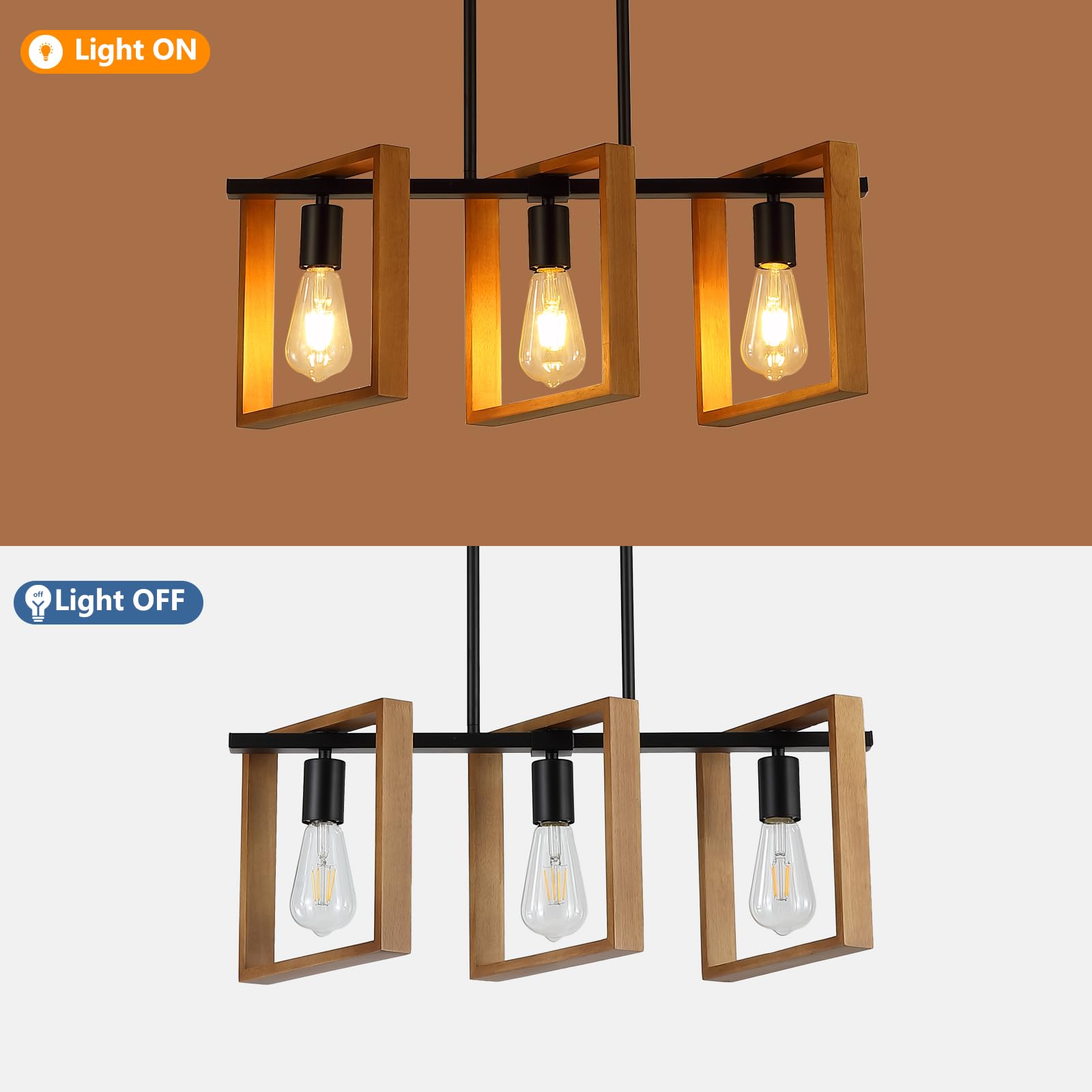 9Mmml 3 Lights Kitchen Island Lighting, Black 3 Lights Dining Room Chandelier,Wood Frame Pendant Light For Living Room Foyer Ent