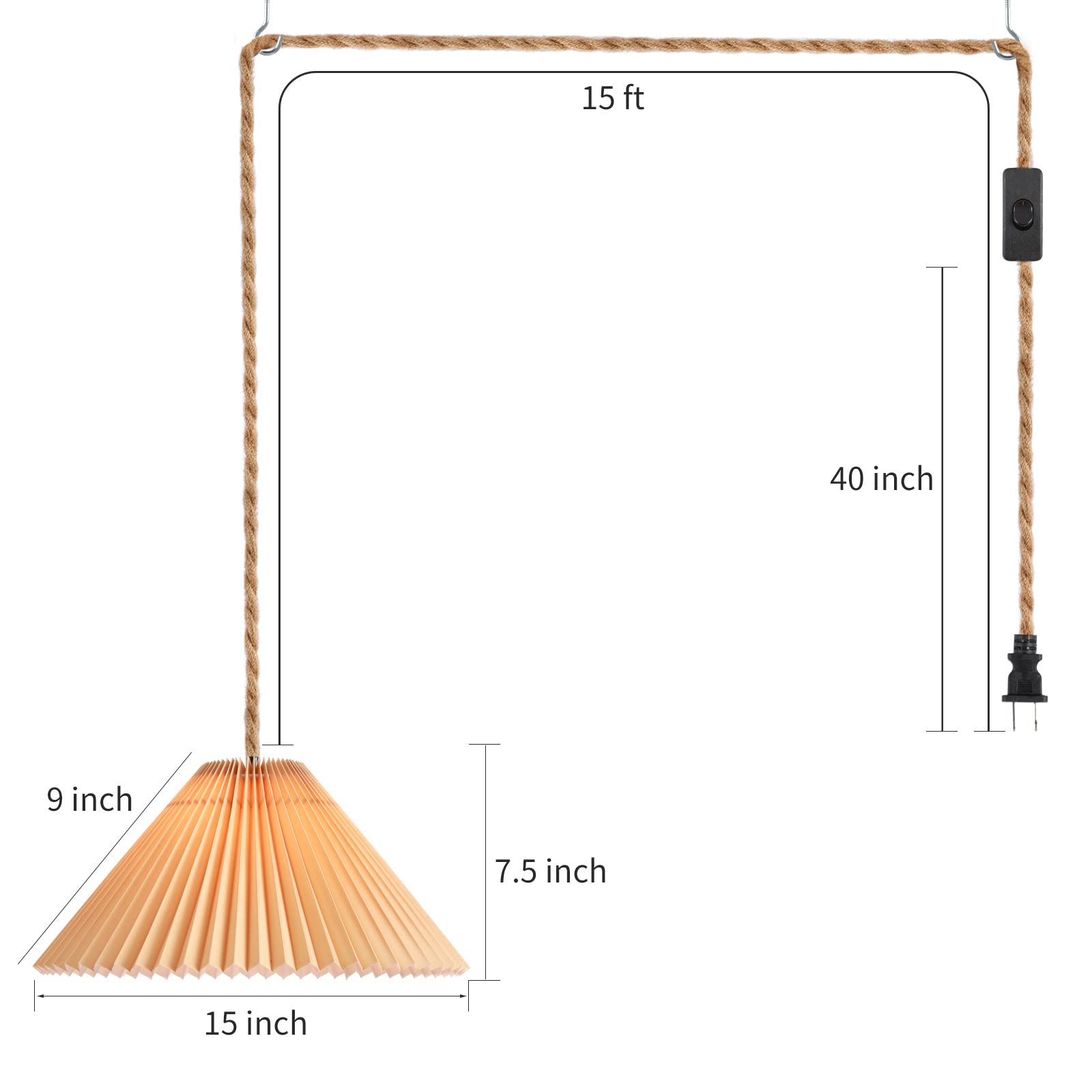 AOMICRON Plug-in Pendant Light, 15ft Hemp Rope Cord, Red Pleated Shade, Large, for Living Room, Bedroom, Kitchen, Dining Room