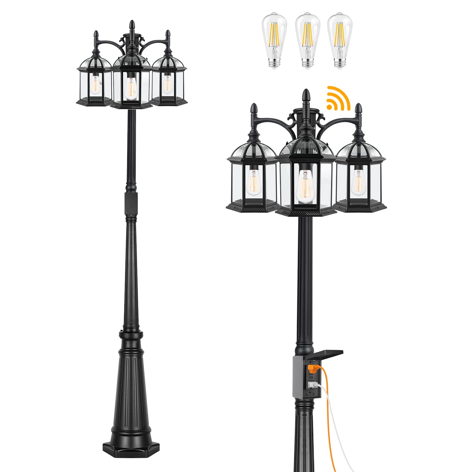 PARTPHONER Dusk to Dawn Outdoor Lamp Post Light, Triple Head, 7ft, Birdcage Black, Aluminum with GFCI Outlet and Sensor