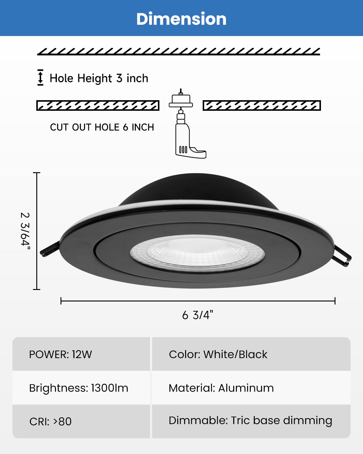 Popanu Led Gimbal Recessed Light - 6'' 12W Eyeball 1300Lm Spotlights Black Trim 90 Tilt Swivel Soffit 5Cct Adjustable Indoor Dim