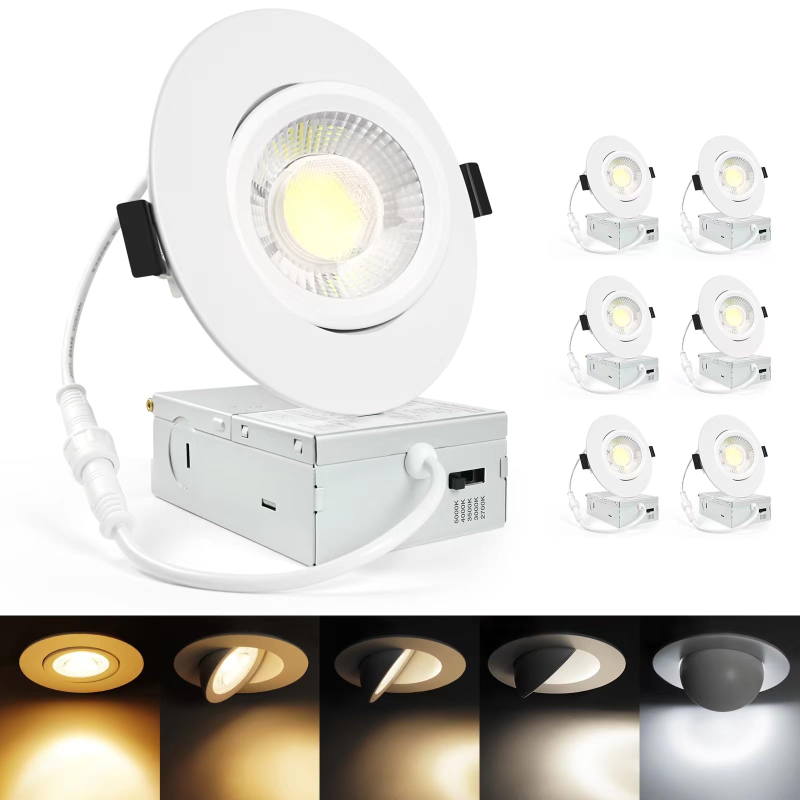 4 Inch Gimbal Led Recessed Light, 2700K/3000K/3500K/4000K/5000K Dimmable Retrofit Eyeball Can Light with Jbox 12W, Waterproof Re