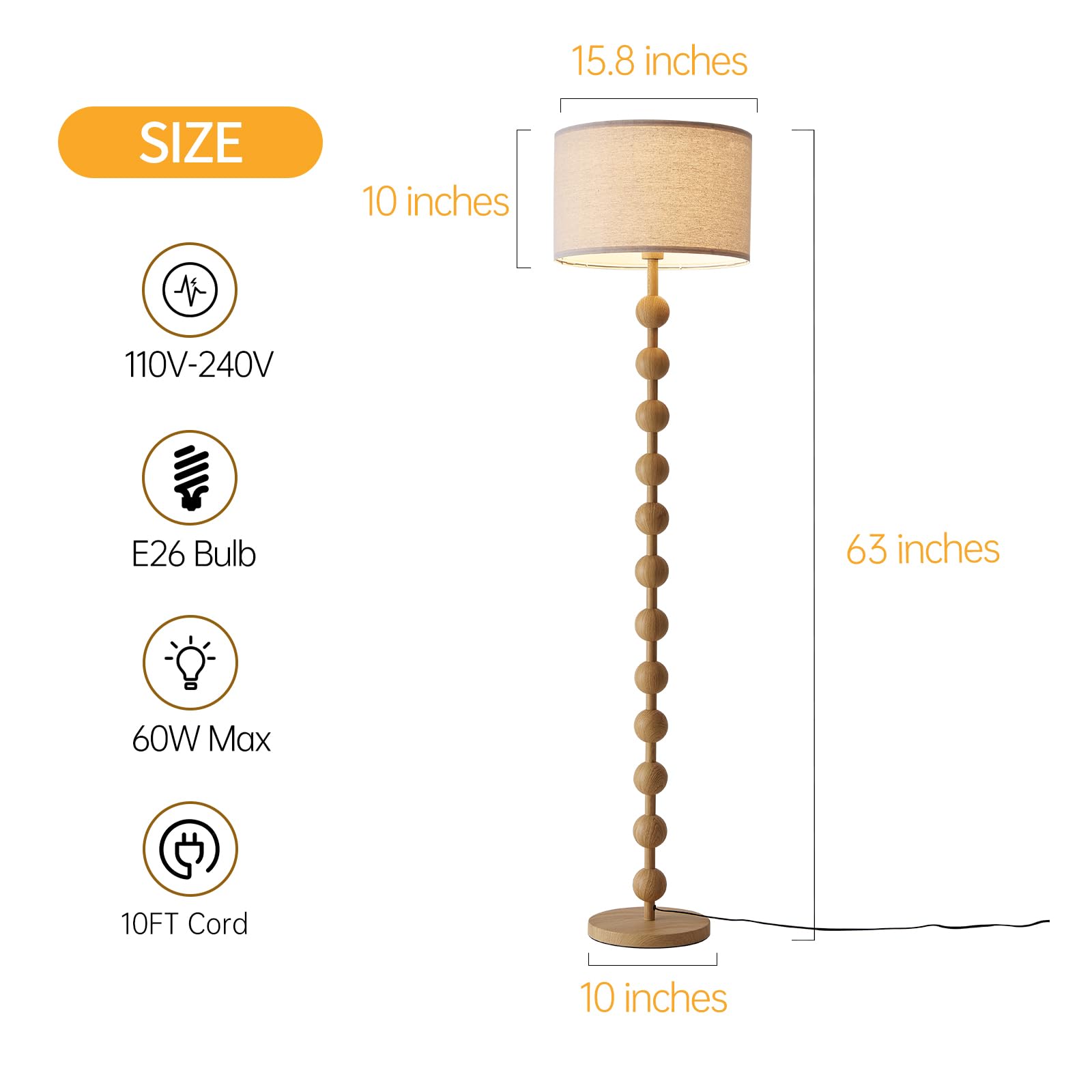 Fetason Modern Dimmable Floor Lamp with LED Bulb, 63" Tall, Yellow Wood Pattern, Iron, Fabric Shade for Living Room and Office