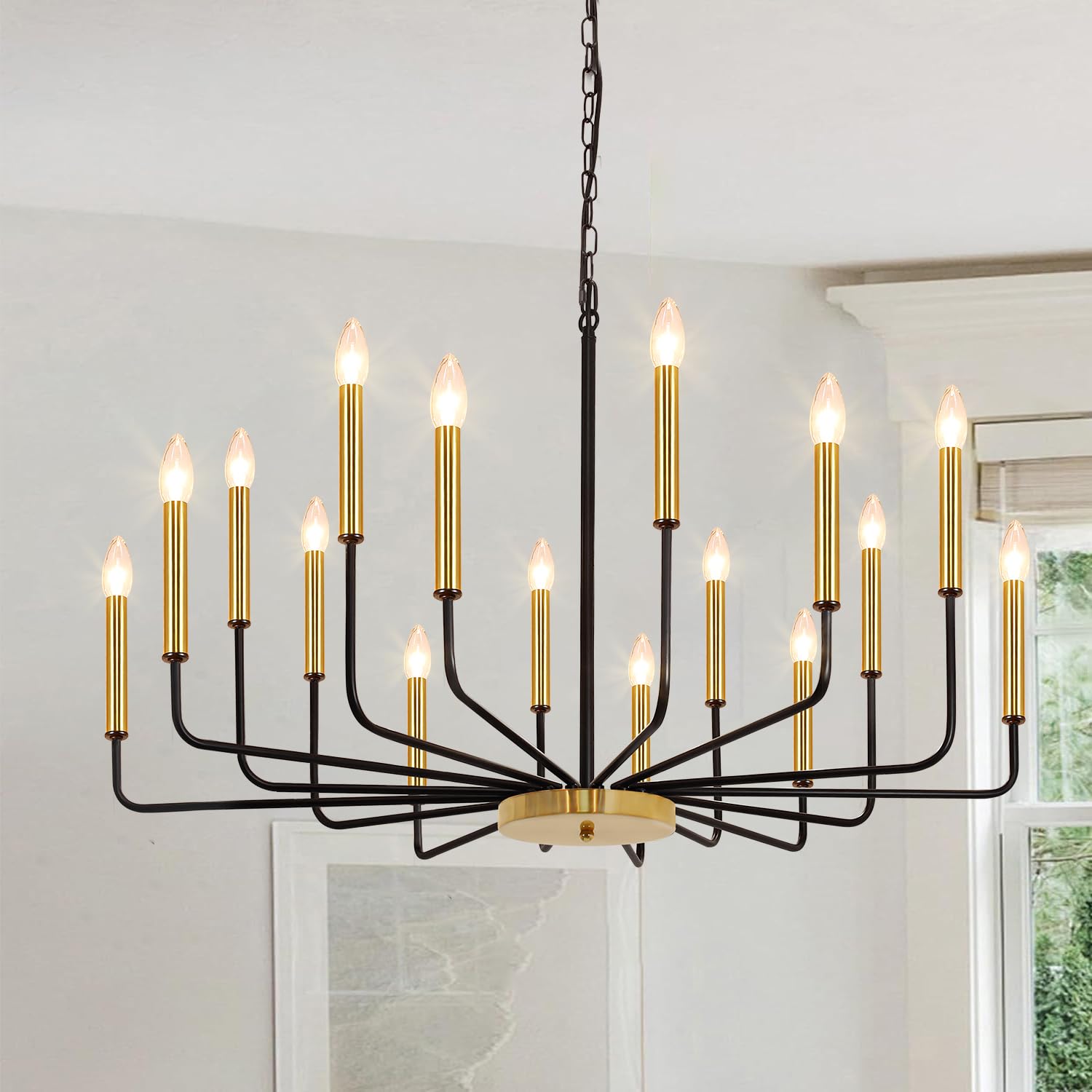 Rviezza Black And Gold Chandelier, 16-Light Farmhouse Chandelier For Dining Room Lighting Fixtures Hanging, Industrial Modern Chandeliers For Dining Room Living Room Foyer Entry Staircase Kitchen