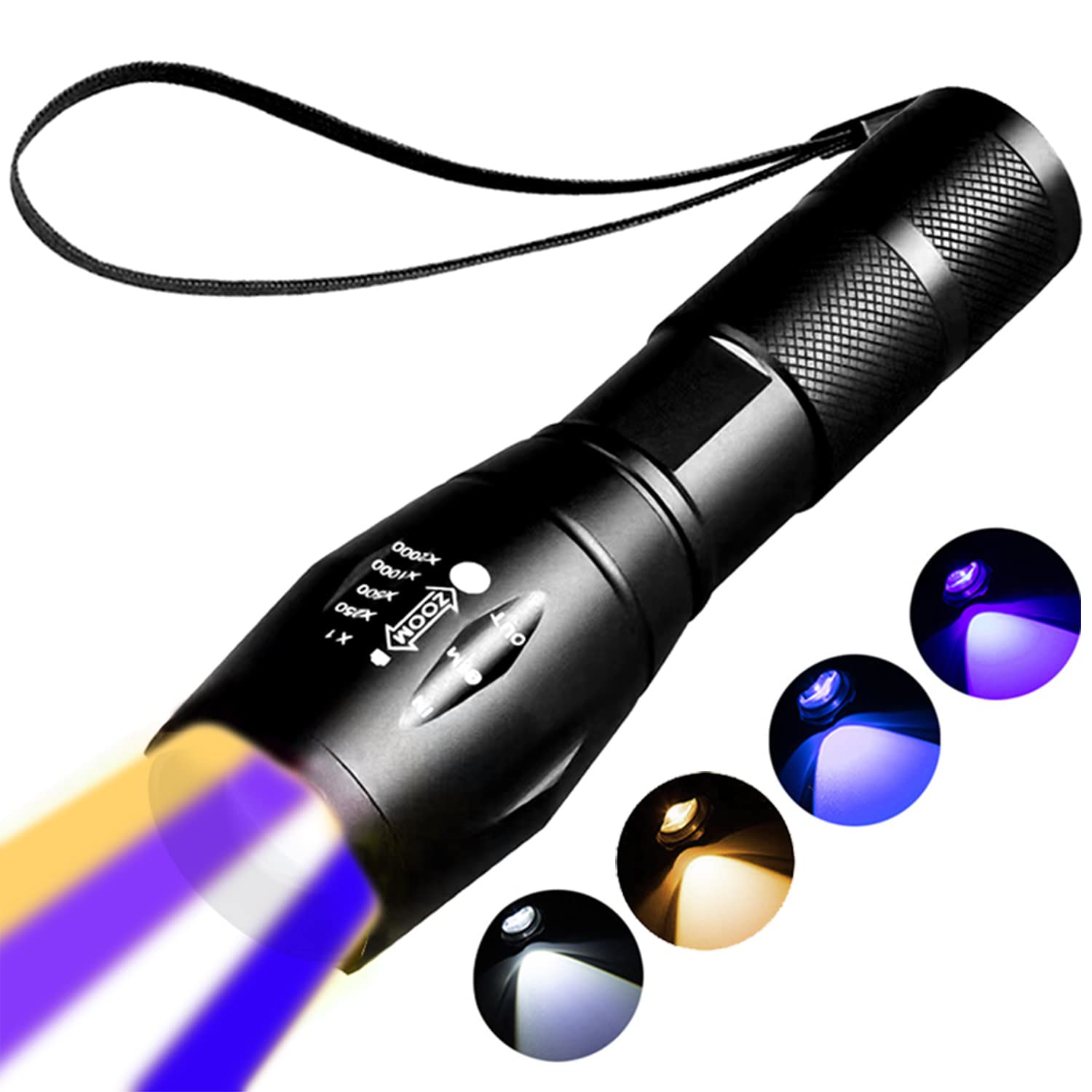 Rechargeable Multi-Function Flashlight - 4-in-1 UV, Black Light, & Blue/White/Yellow Beams, Blood Tracking, Scorpion Detection