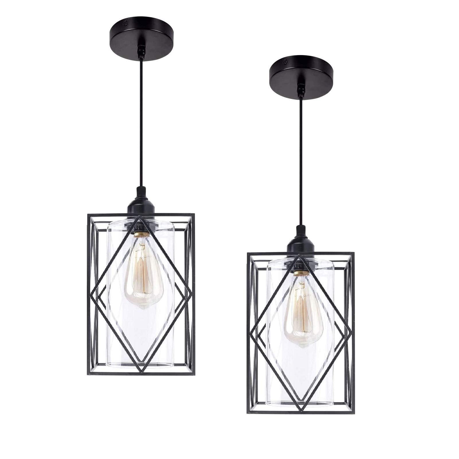Hmvpl Farmhouse Pendant Light Fixtures, Set Of 2 Black Chandelier With Glass Shade For Dining Room