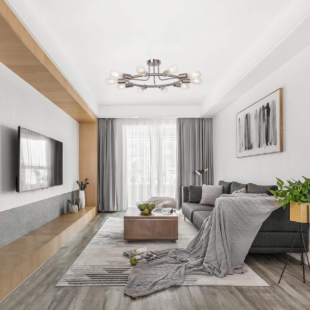 BONLICHT Round Rustic Chandelier 10-Light Brushed Nickel Modern Semi Flush Mount Ceiling Light Industrial Vintage Sputnik Chande