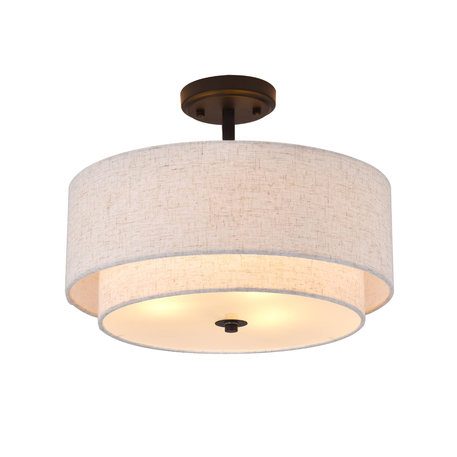 3-Light Semi Flush Mount Ceiling Light Fixture, 16" Black Drum Light Fixture With 2-Laye Fabric Shade Lamps, Modern Close To Ceiling Light For Bedroom Living Dining Room Kitchen Hallway Entryway