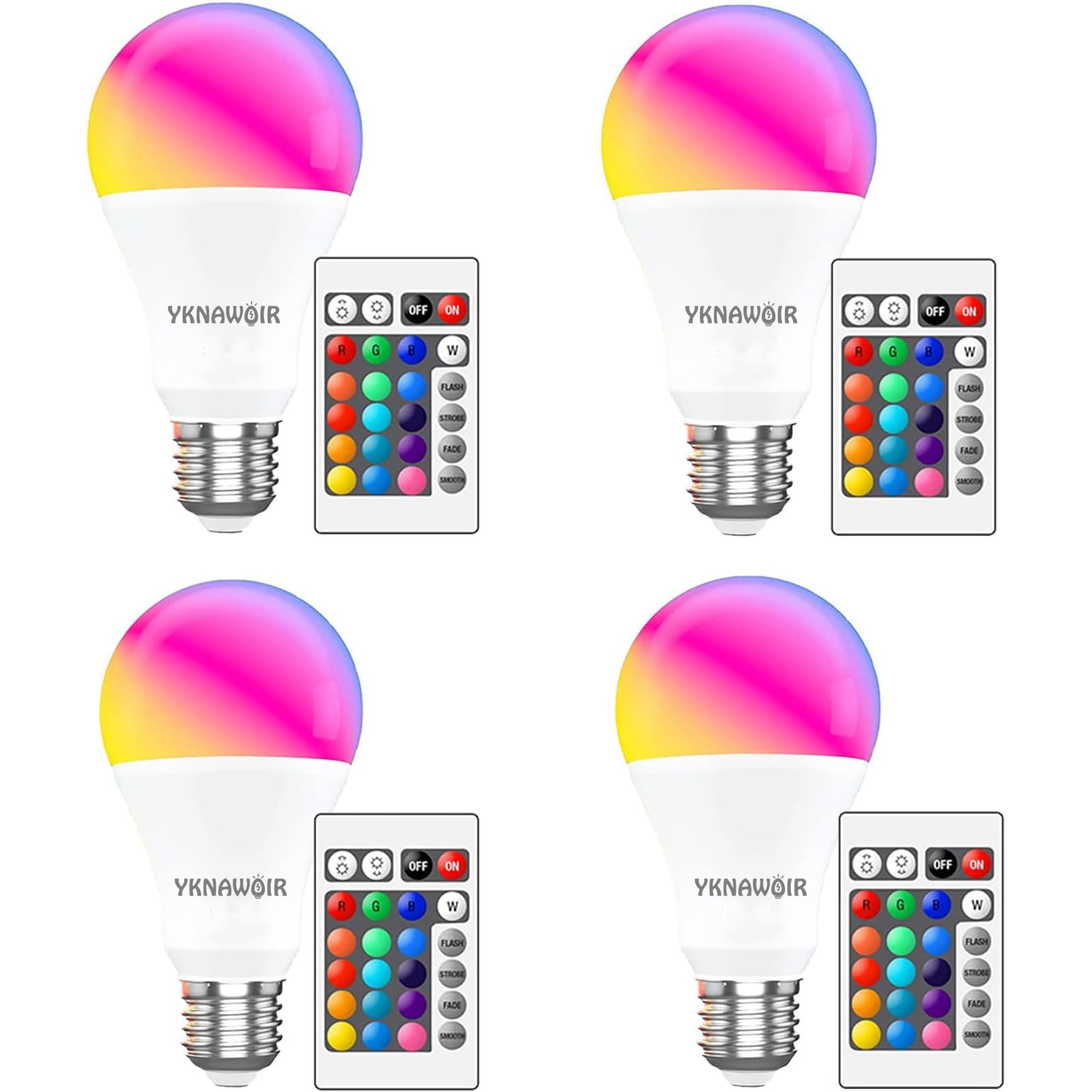 Yknawoir Color Changing Light Bulb With Remote, Rgb Light Bulbs 9W A19 6500K White E27/E26, Memory,16 Color Choices Multicolor D