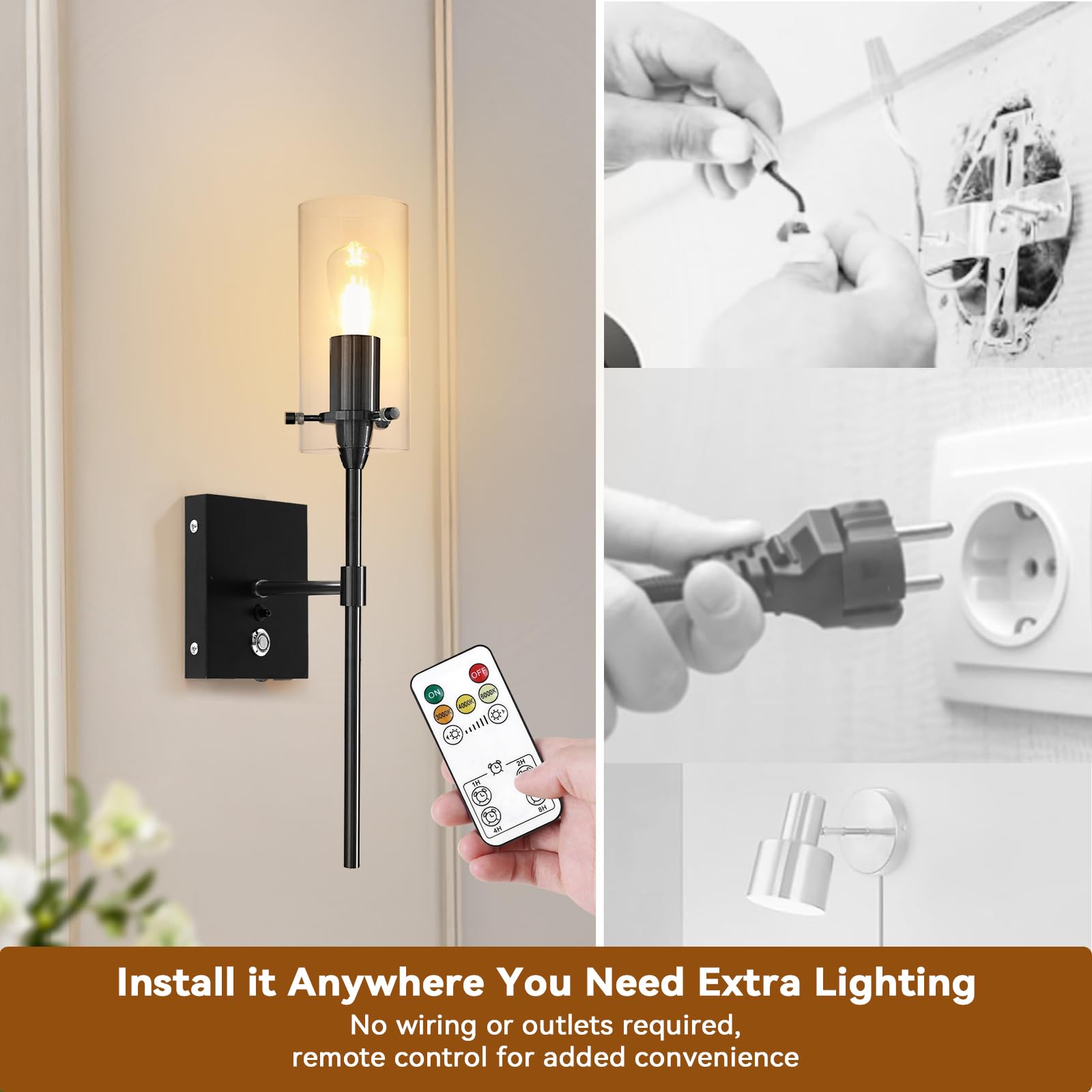 Aibisod 3-Color Battery Operated Wall Sconces Set Of 2 With Remote, Dimmable Indoor Wireless Wall Light, Black Indoor Battery Po