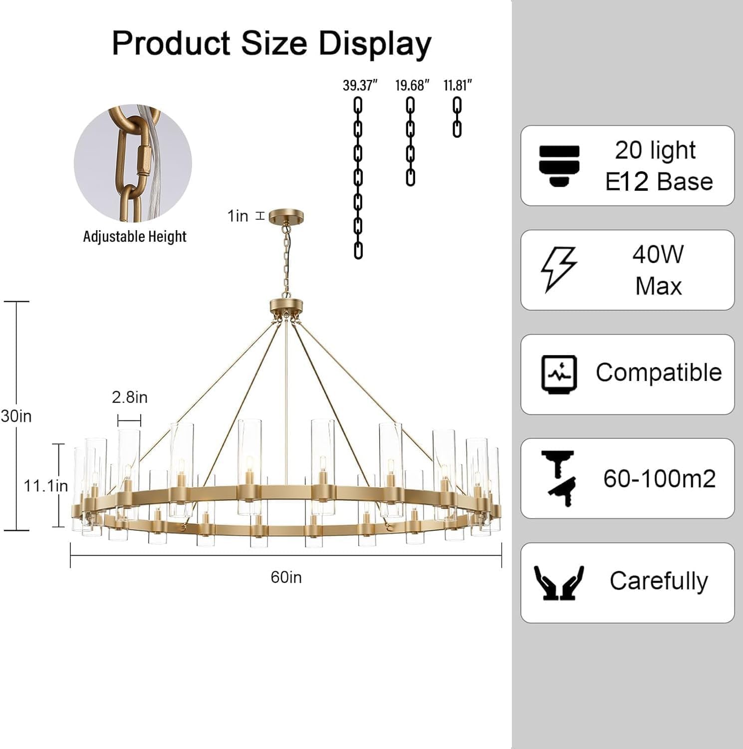 YIOSI Gold Wagon Wheel Chandelier, 60" Industrial Pendant Lighting for High Ceilings, Glass Shade, Ideal for Dining Room & Kitchen Island