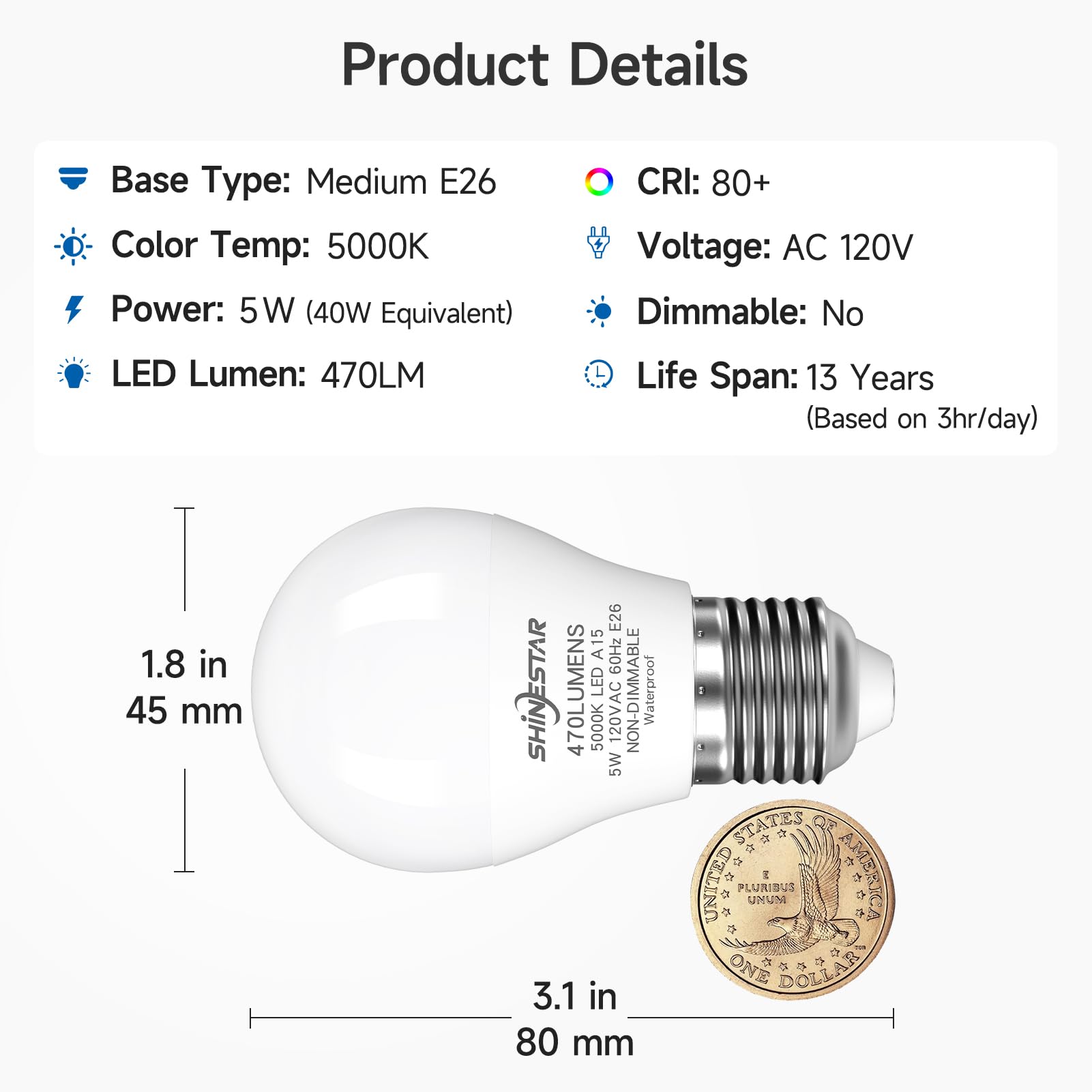 SHINESTAR A15 LED Refrigerator Light Bulb, 5W, 5000K Daylight, Waterproof, 2-Pack, E26 Medium Base, White