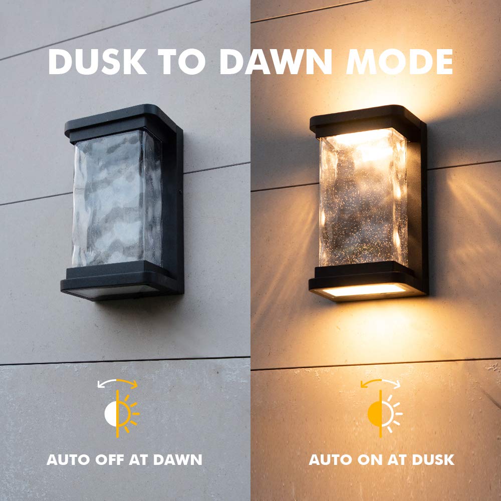 LUTEC Outdoor LED Wall Light Fixture, 1000 Lumen, Dusk to Dawn, Seeded Glass, Matte Black, 1 Pack, Model 5185701012
