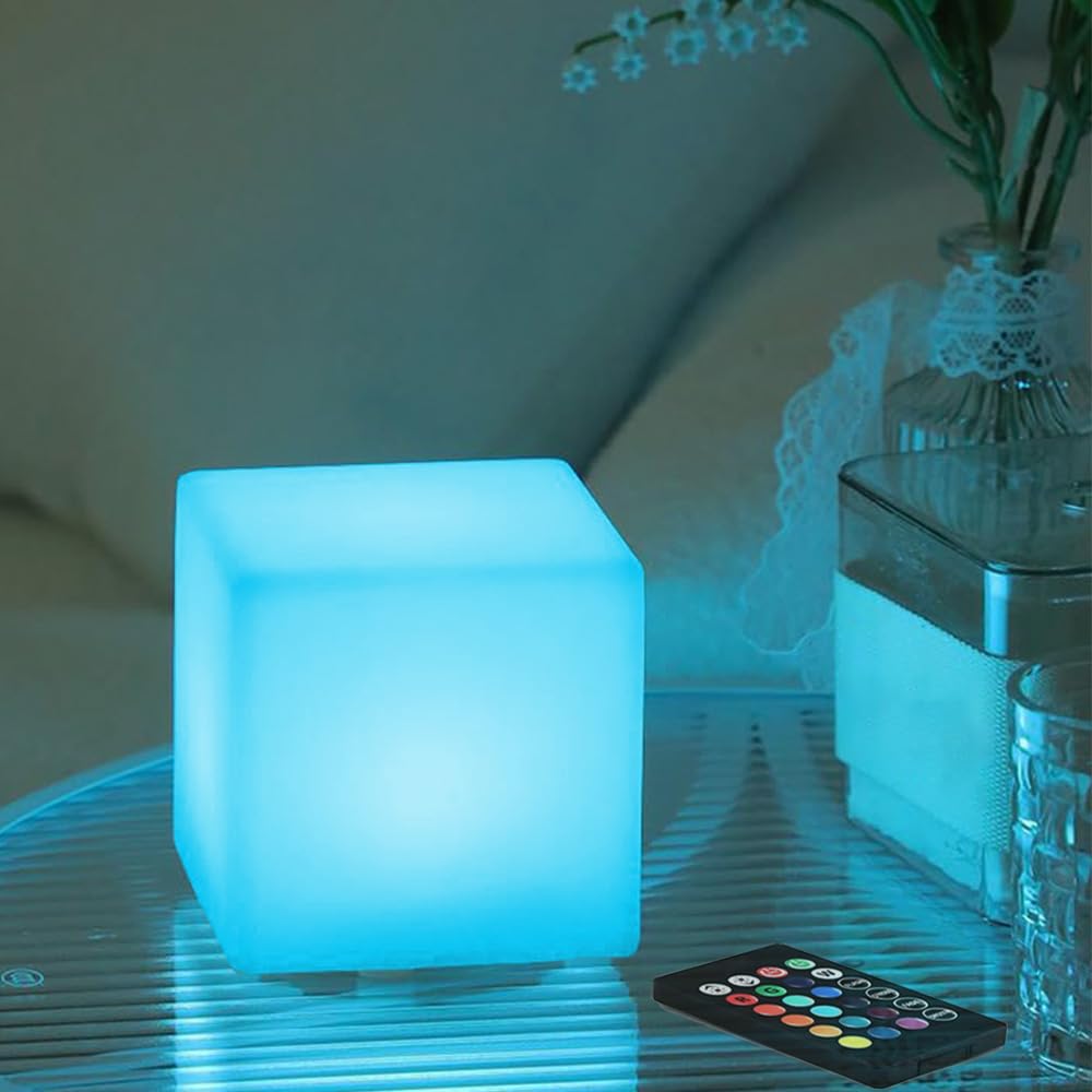 4-In LED Cube Night Light, Cordless LED Light Cubes for Kids, RGB Color Changing Tesseract Cosmic Cube Mood Lamp w/Remote, Recha