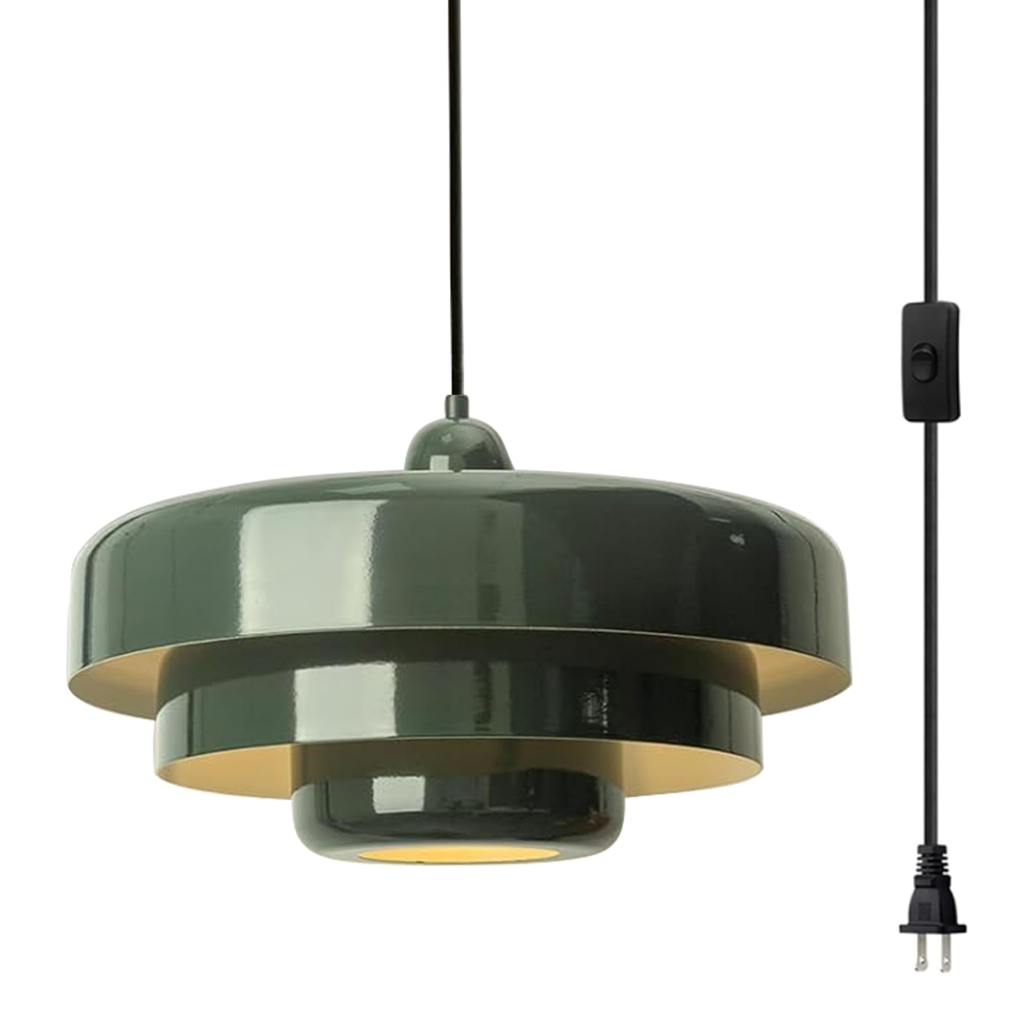 Doungros Plug-In Green Pendant Light Fixtures, 16Ft Hanging Lights With Plug In Cord 3-Layer Shade Mid Century Modern Hanging Lamp Pendant Lighting For Bedroom Dining Room Living Room