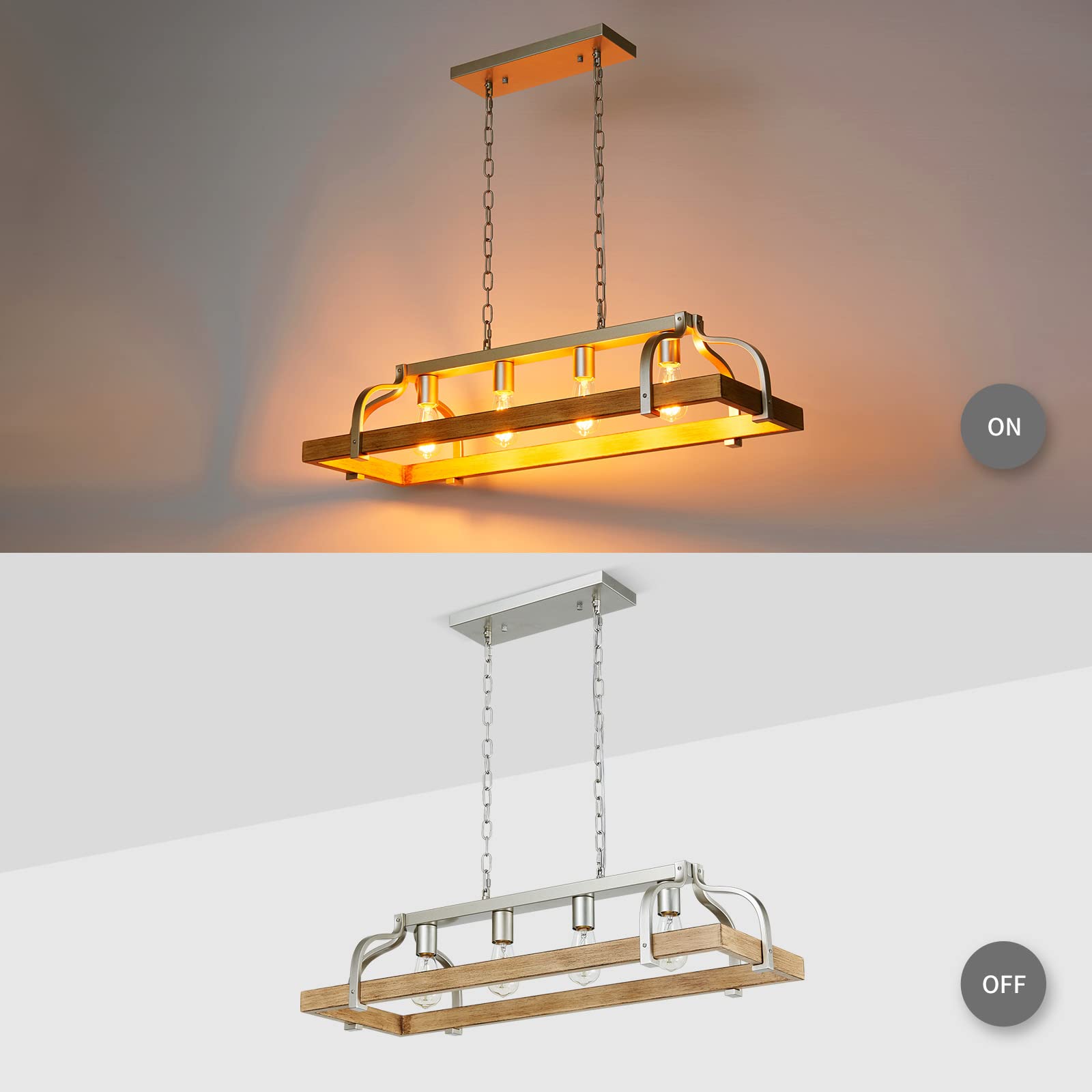 WUZUPS 4-Light Metal Pot Hanging Rack Chandelier, Imitation Light Wood Grain, H 9.8" L 34.6", Nickel, Model USHD90000LWN