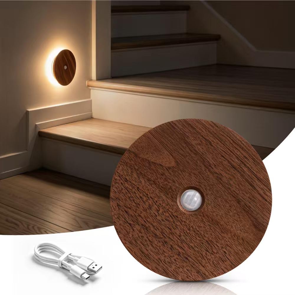 Vadifula Motion Sensor Night Light Wood Rechargeable Battery Powered Stick-On Step Lights Magnetic Closet Warm Nightlight for Ha