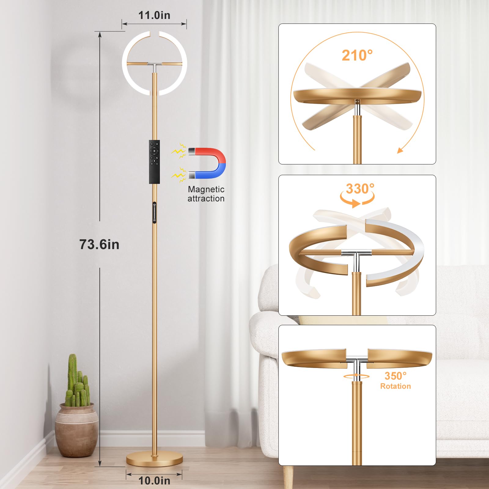 Preeotti Led Gold Floor Lamp - 73.6'' Tall Modern Standing Lamp With 2 Rotatable Lights, Remote & Touch Control, 36W Bright Step