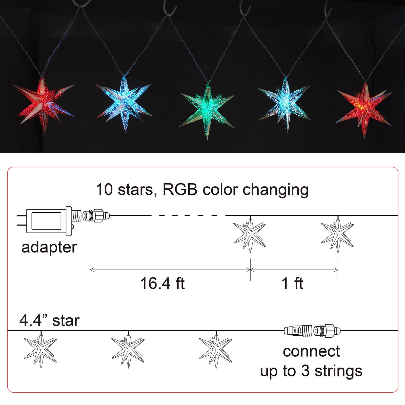 Leejec RGB Color Changing Moravian Star Light - 10 Silver LED Fairy Lights for Home, Christmas Tree & Wedding Décor, Model LJRGBS10