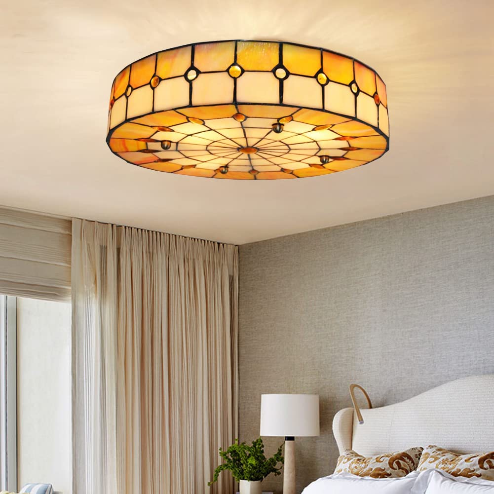 16    Tiffany Style Ceiling Light Fixture, Vintage Flush Mount Stained Glass Chandelier Decorative Lighting Lamp 3-Lights For Li