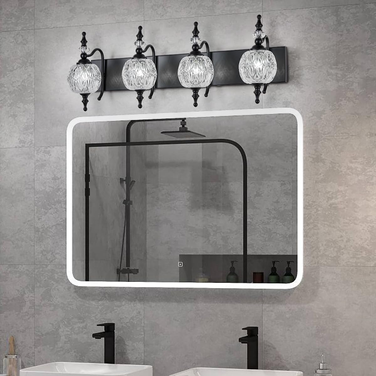 TLOLGT Bathroom Vanity Light Fixtures, 4 Lights, Black Glass Shade, Model W555-4B
