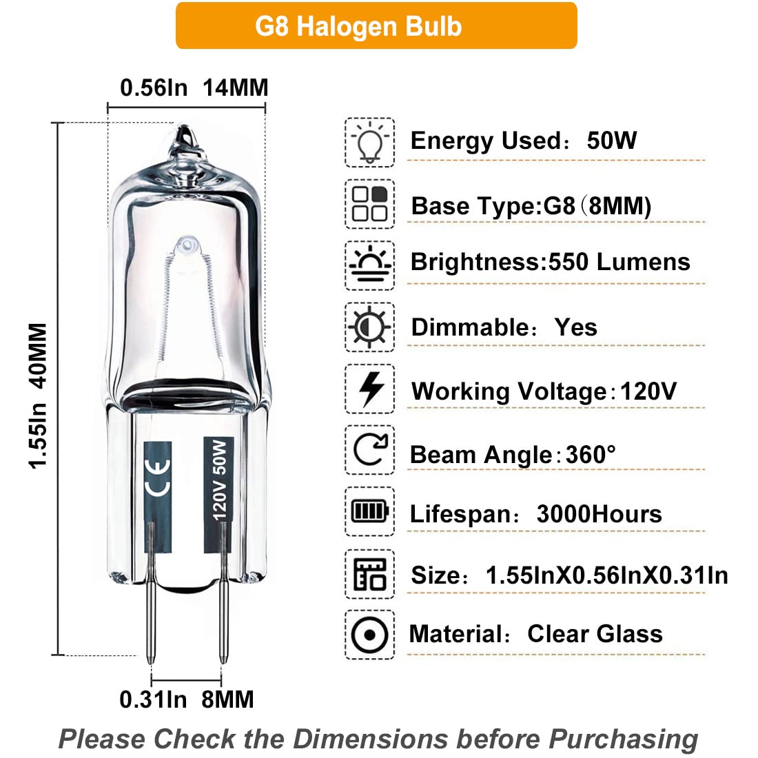 Vinaco G8 Halogen Bulb 50W, Dimmable, 2800K Warm White, Clear, 10 Pack
