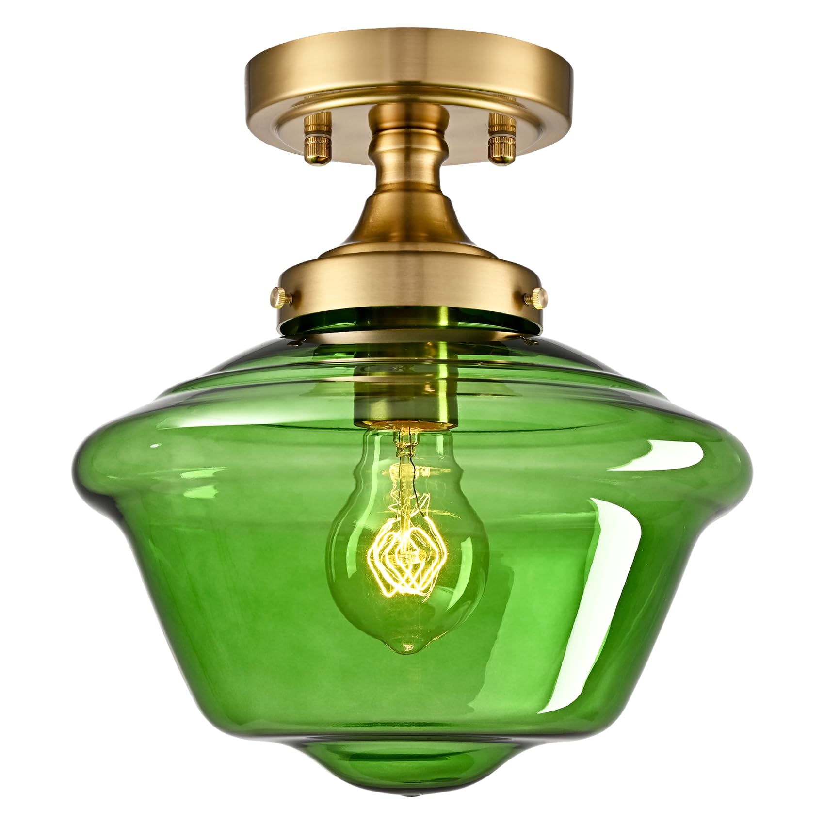 SAMTEEN Schoolhouse Light Fixtures Gold Ceiling Light 10-Inch Modern Green Glass Semi Flush Mount Ceiling Light Vintage Brass Ha