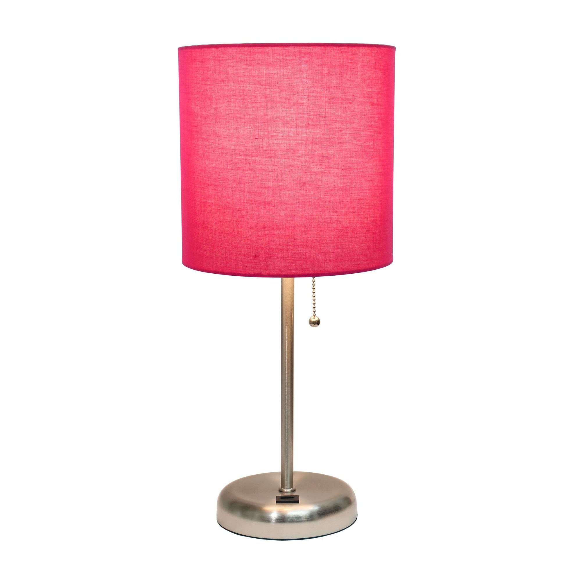 Creekwood Home 19.5&quot; Brushed Steel Table Lamp With Pink Shade & Usb Port - Contemporary Design