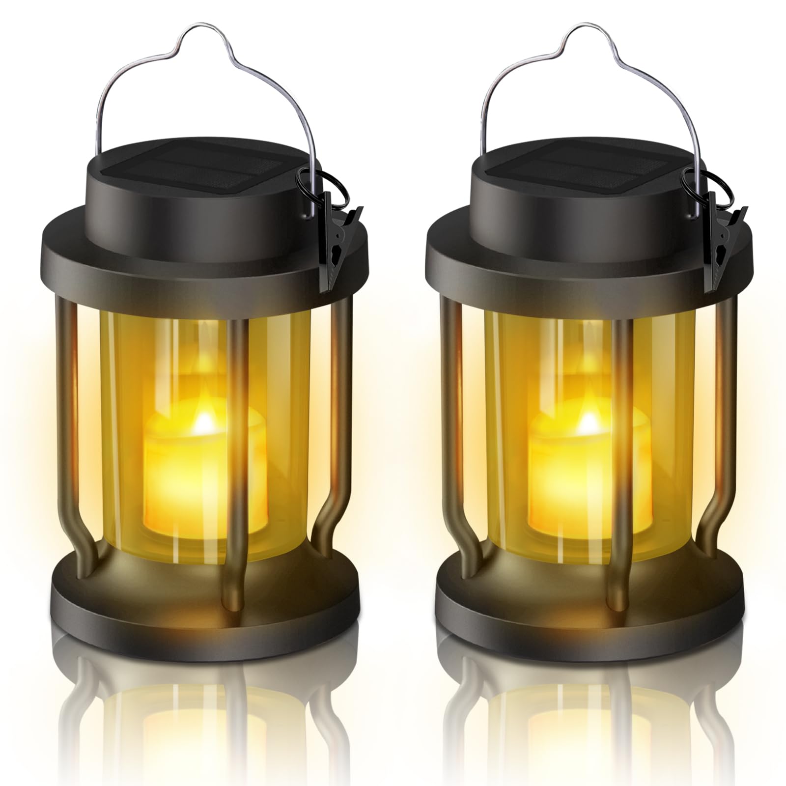 FriutShine Solar Lantern - Hanging Flickering Flameless Candle, Weatherproof, 2 Pack, Black + Amber, Model L01