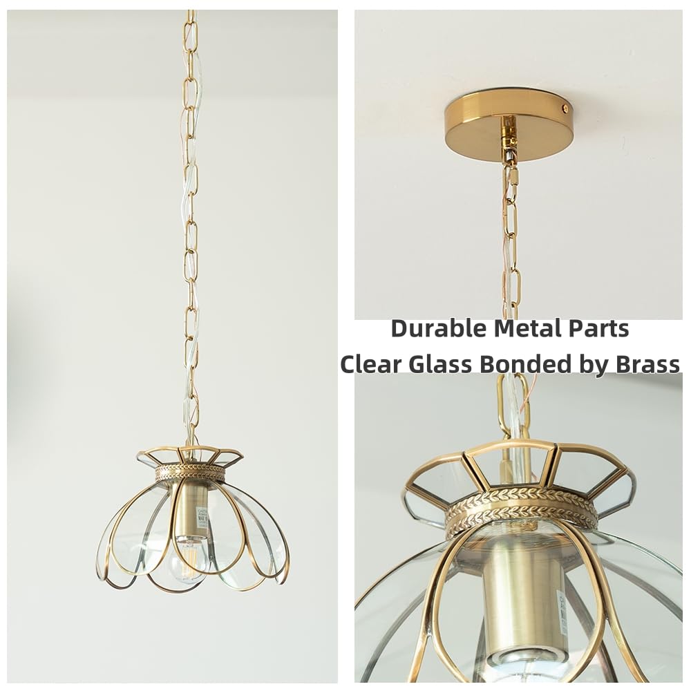 Yifi Glass Pendant Light Fixture, Brass Ceiling Pendant Lighting, Adjustable Chain Gold Mini Chandelier, Elegant Flower Hanging