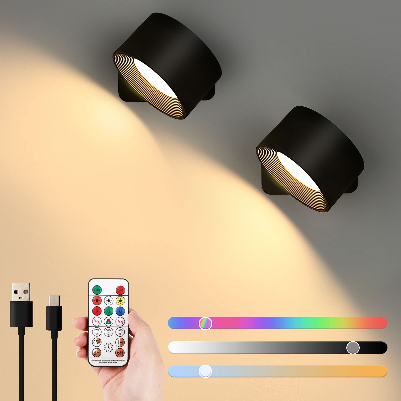 Lightess 2PC LED Wall Sconces, 19 Colors Dimmable Wall Mounted Lamp with Rechargeable Battery Operated USB, 360Rotate Magnetic B