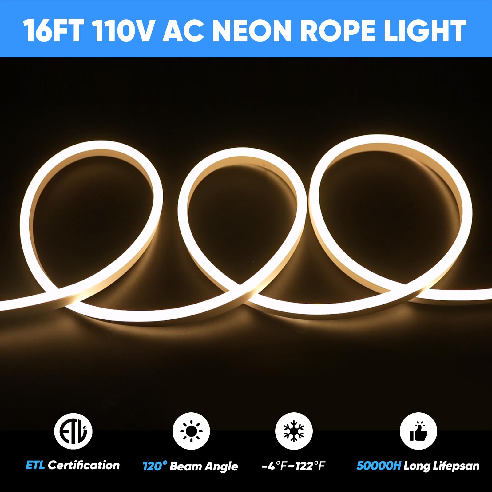 KANAYA 16ft LED Neon Rope Light, ETL Listed, Waterproof, Warm White, Model LMD-CNEON-WW-16FT-New