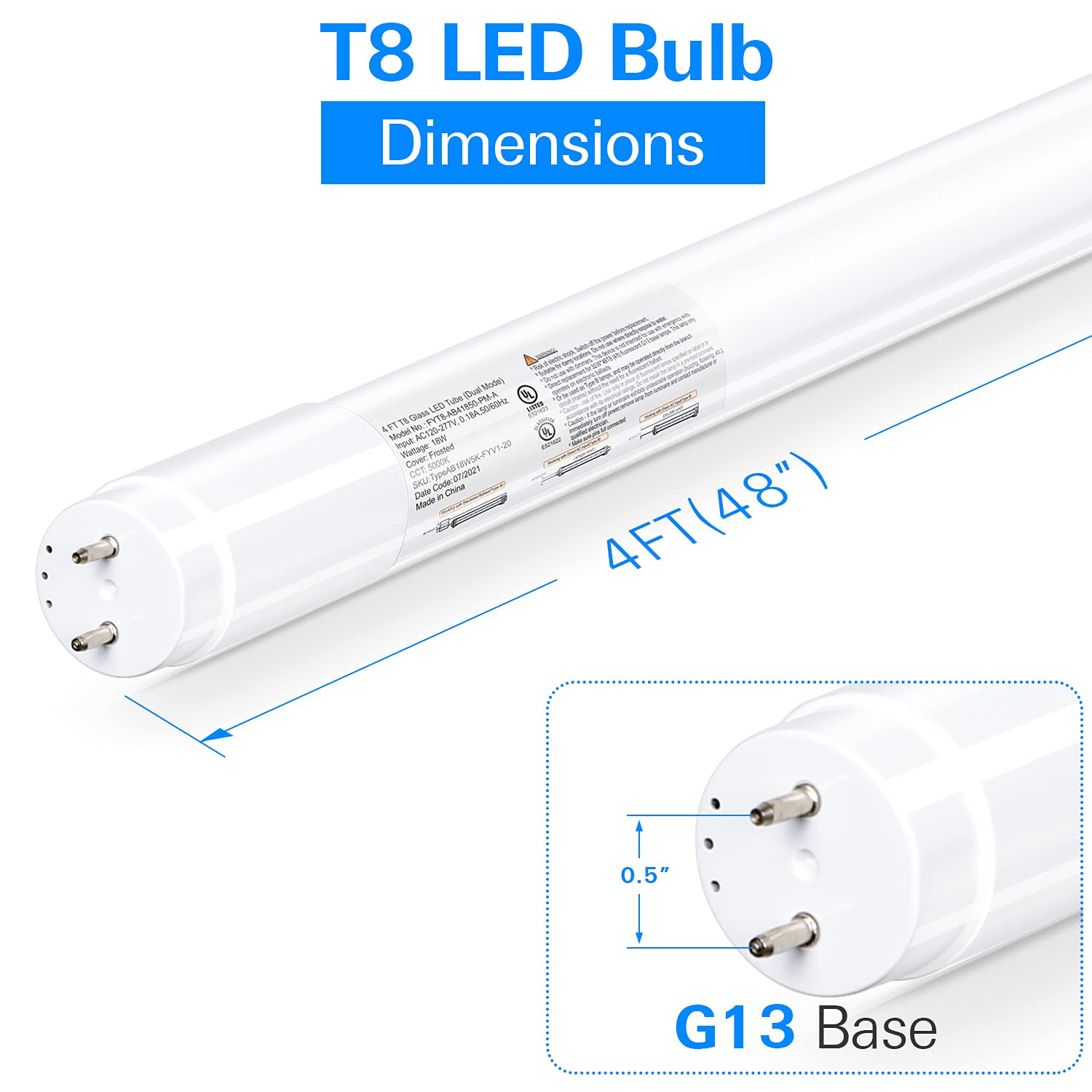 hykolity 20 Pack LED T8 Hybrid Light Tube, 4FT, 18W, 5000K, Frosted Cover, Plug & Play/Ballast Bypass, UL