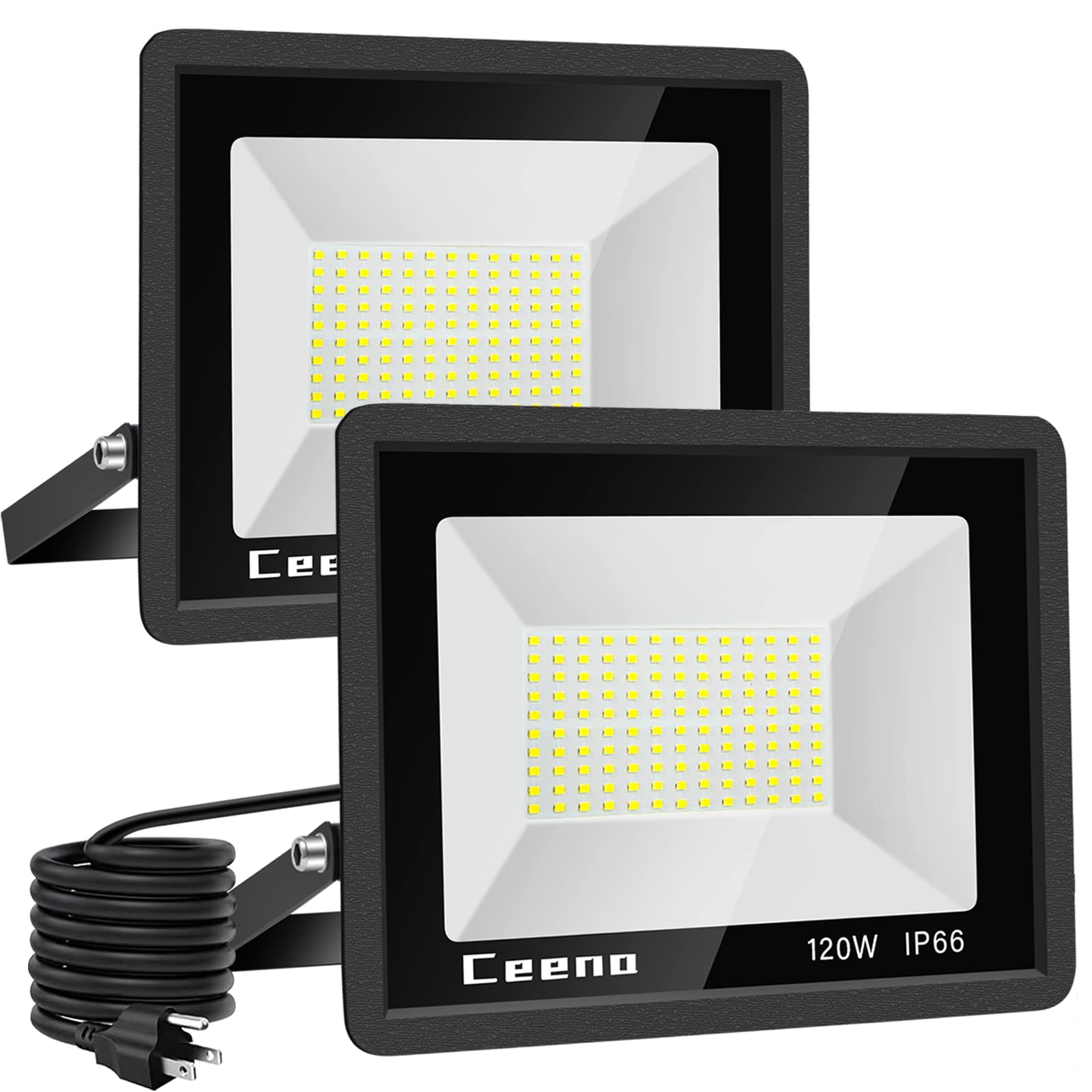 Ceena 2 Pack 120W Plug in LED Flood Light Outdoor, 12000lm Super Bright Floodlight with 5.9FT Wire, IP66 Waterproof 6000K LED Wo