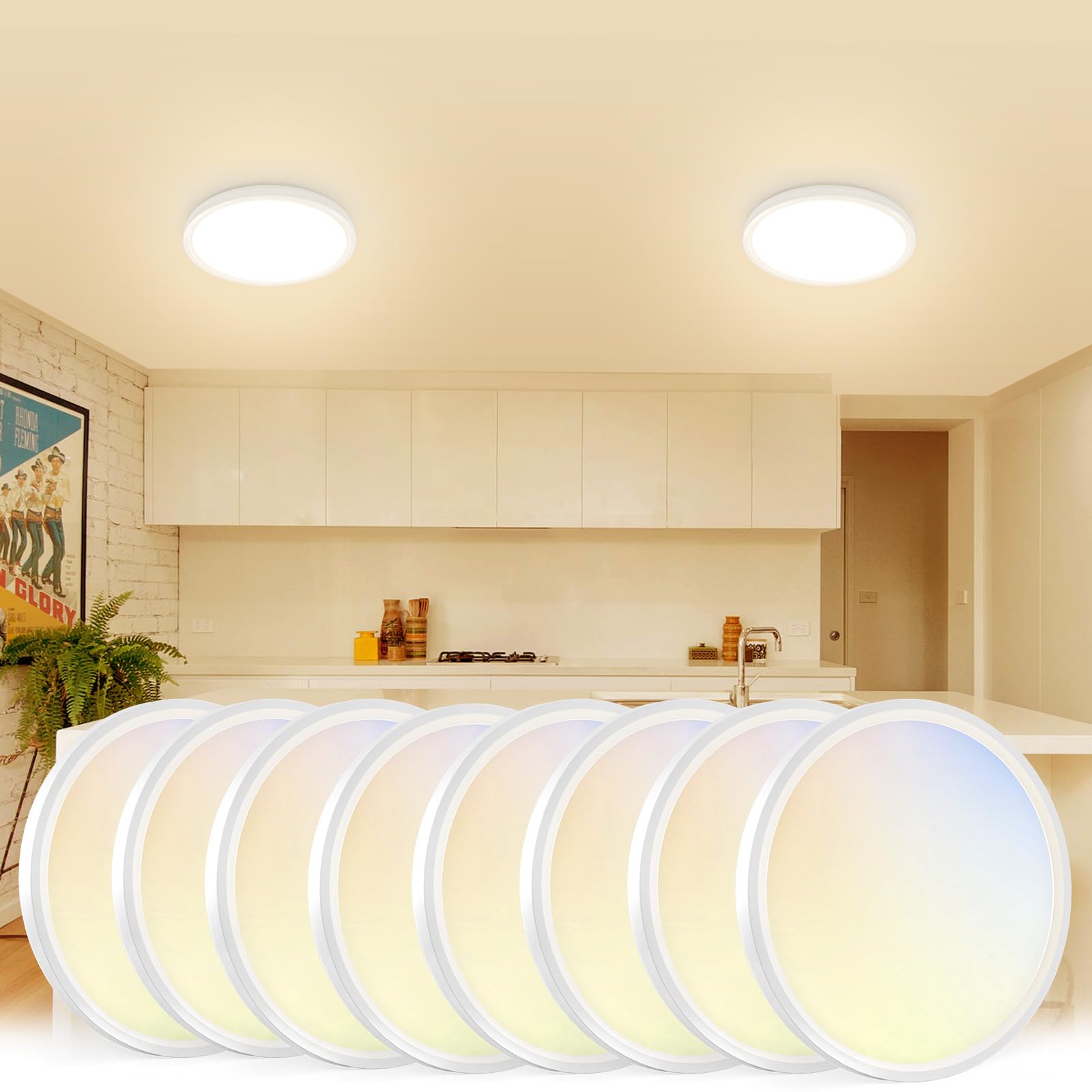 VOLISUN 8-Pack LED Flush Mount Ceiling Light, 15W Dimmable, 7 Inch, 3000K-6500K Selectable, White, Model 21417ZM