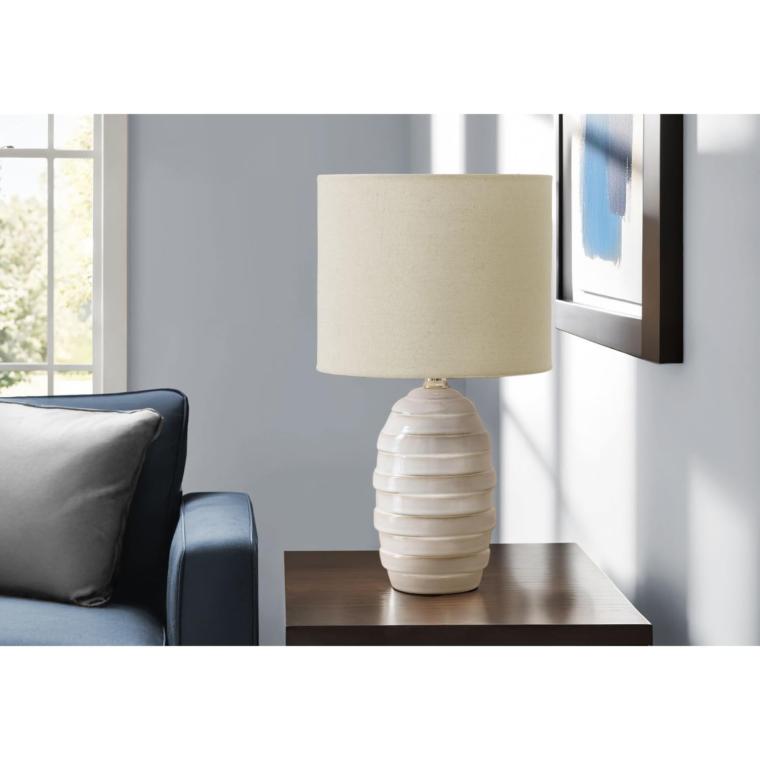 Monarch Specialties Table Lamp I 9789, 17inH, Ivory Ceramic, Beige Shade, Contemporary Design, 9.5inL x 9.5inW