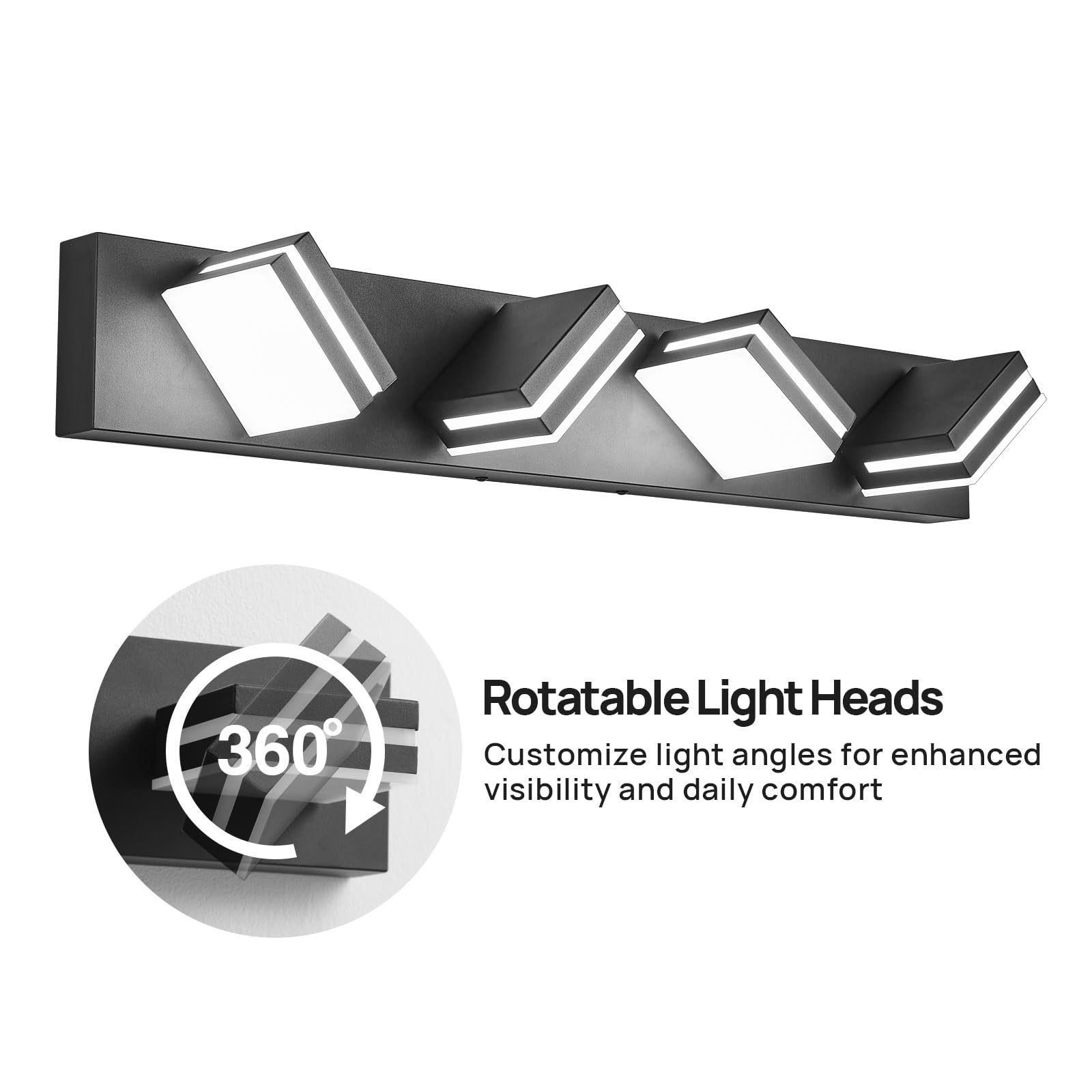 Likelgn 4-Light Bathroom Vanity Fixture, Modern LED, 29" Black, Rotatable Heads, 3CCT, Model LK-WL3310