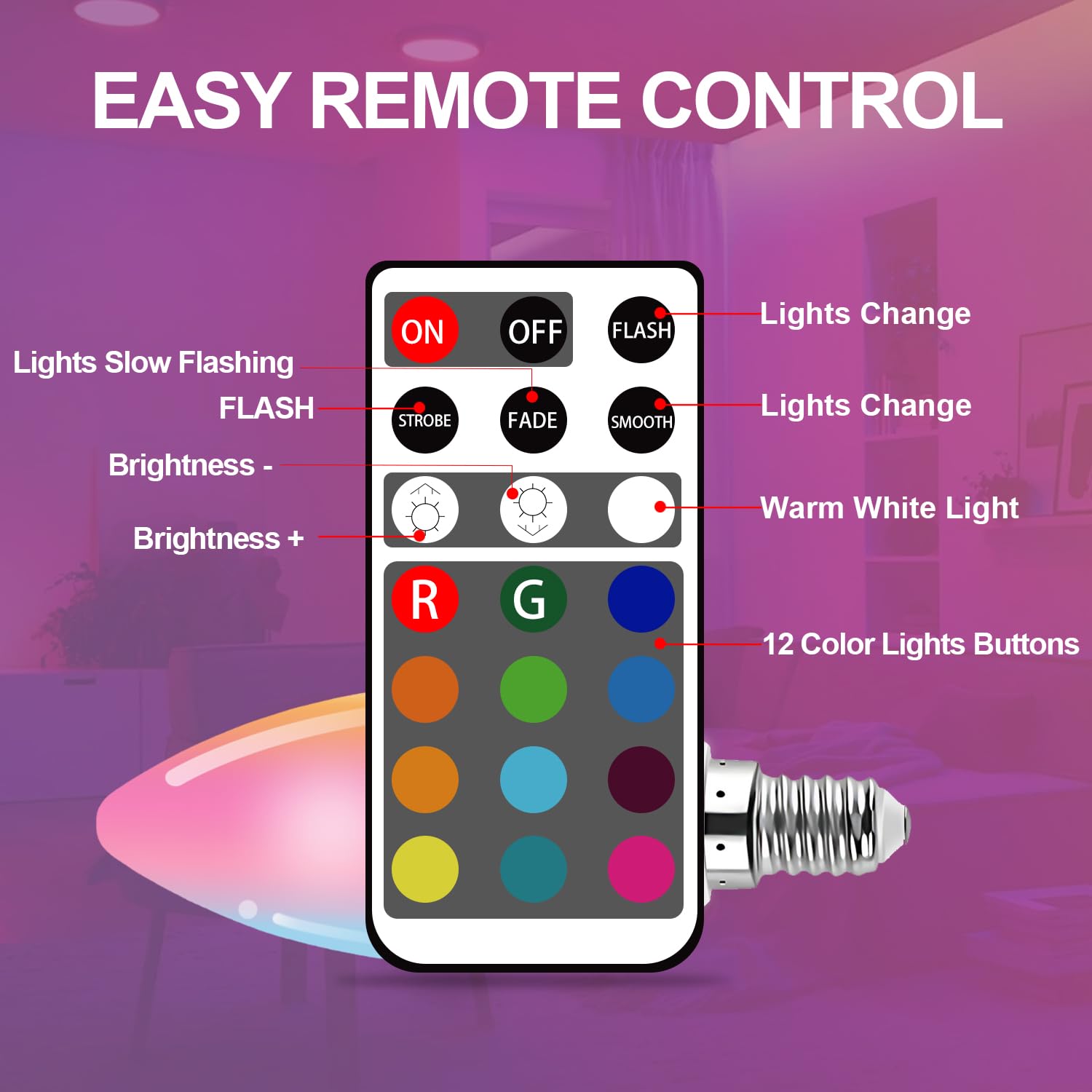 XRise E12 LED Bulb Color Changing Candle Light, 3W, RGB + White, Remote Control, 12 Colors, Model E12-C37-RGBW-IR-8