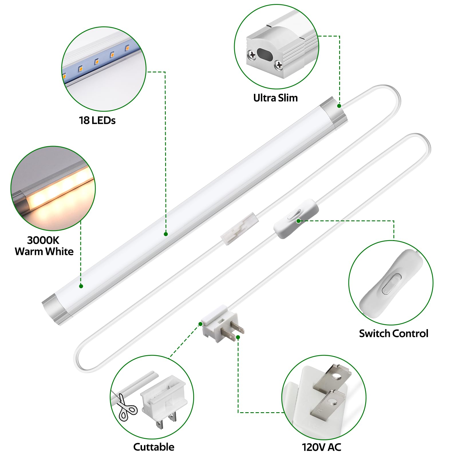AIBOO Dimmable Under Cabinet Lighting, 12in LED Bar Lights, Warm White 3000K, Aluminum, Model ABUS-120V, Plug-in & Hardwired, 6