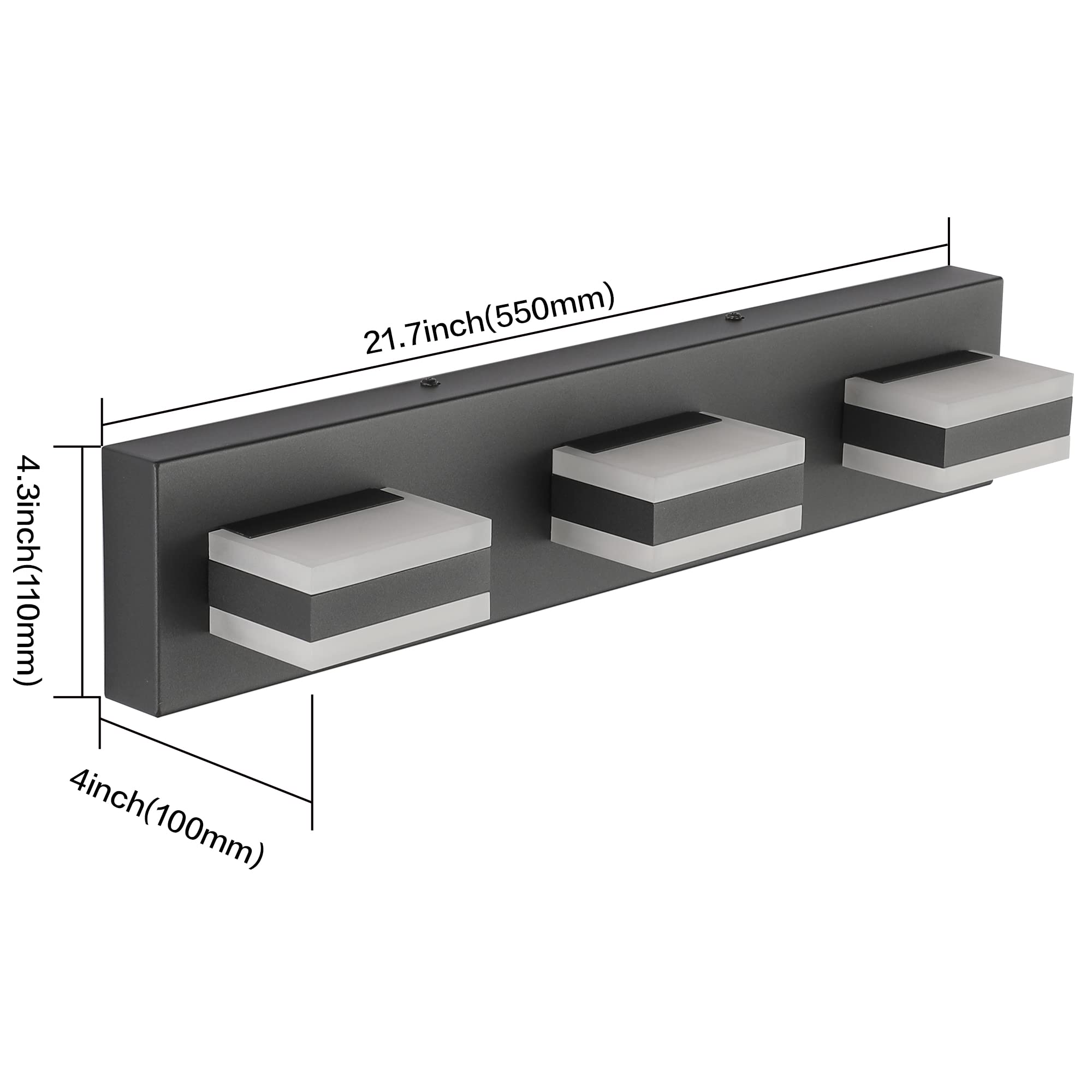 SOLFART Black Bathroom Vanity Light Fixture, LED Dimmable, 21.7" Aluminum, Modern 3-Light Over Mirror Lighting, Model S8568-3T-6000K