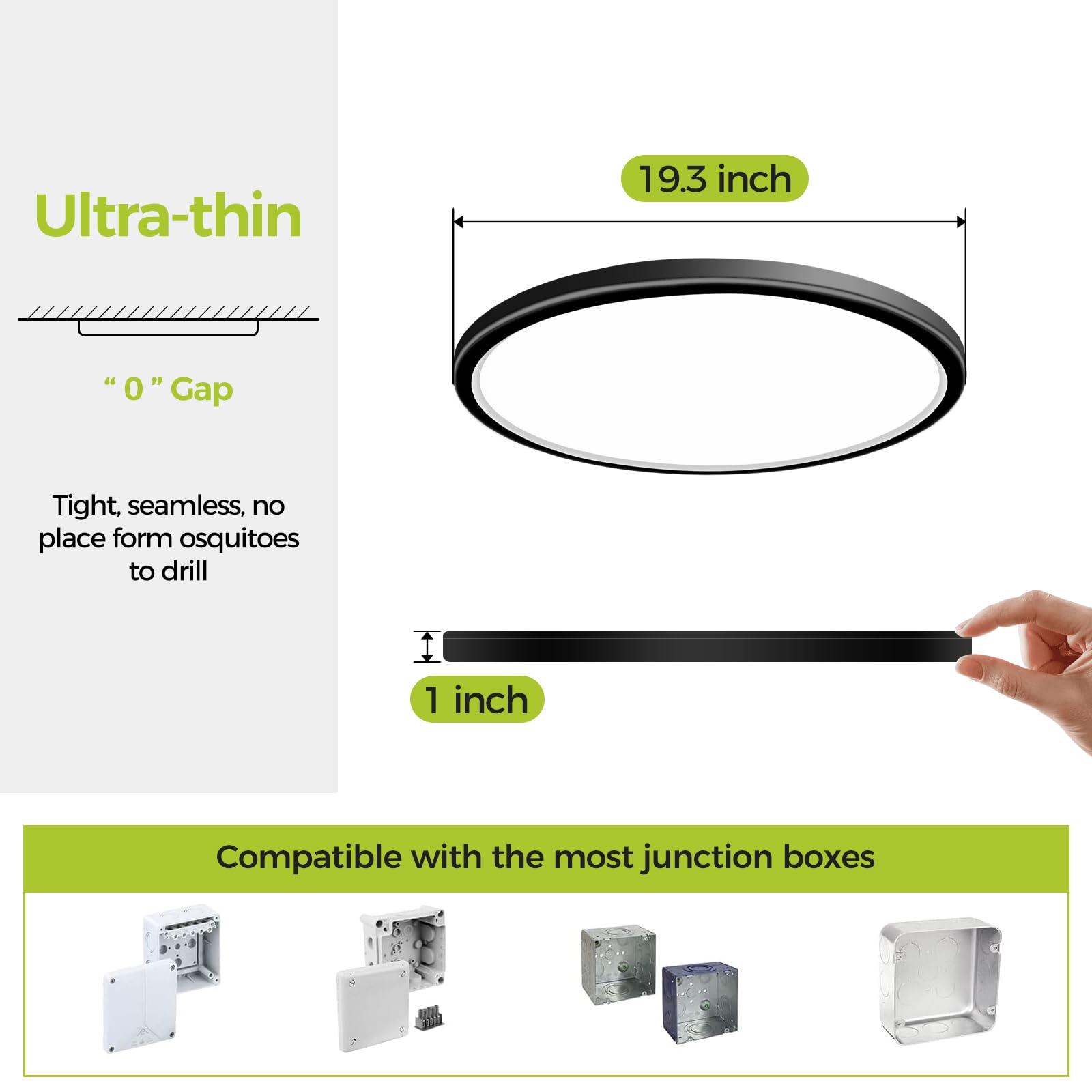 hepside Flush Mount LED Ceiling Light Fixture, 20Inch, 45W, Dimmable, 3 Color Selectable, Black