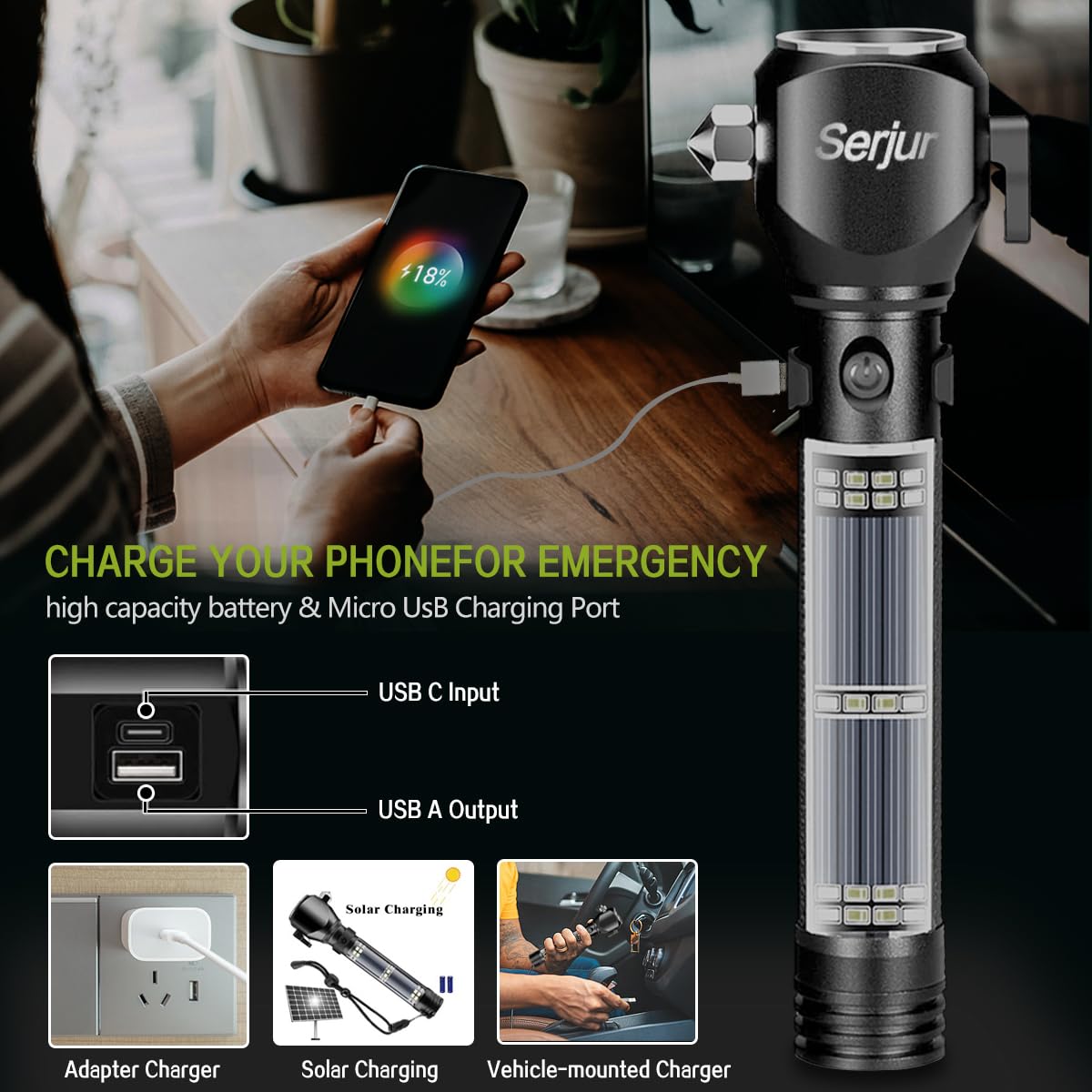 Serjur Rechargeable Solar Powered Flashlight, LED Tactical Multi-Function, Black, Aluminum, Model bfcz-01, Ideal for Emergencies & Camping
